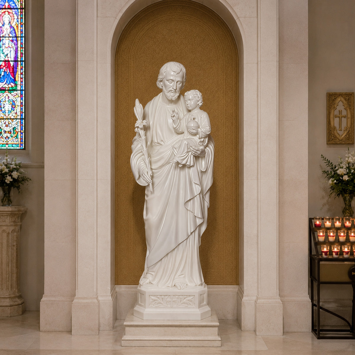 White marble Saint Joseph and Child Jesus statue displayed in an arched church niche, featuring Saint Joseph with a lily staff, the Christ Child holding an orb, flowing carved robes, and a decorative religious pedestal.