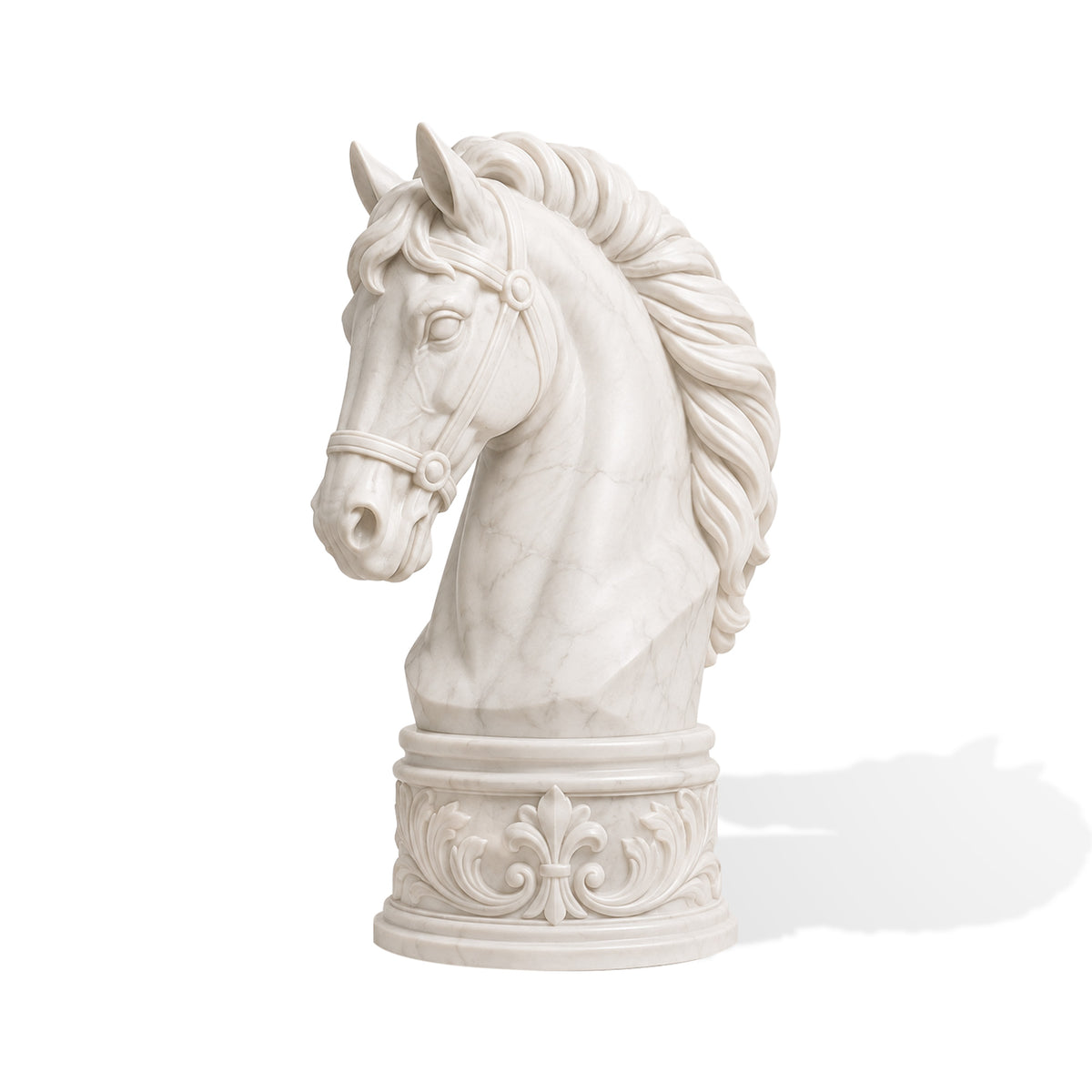 Front three-quarter view of a white marble horse head sculpture with a detailed carved bridle, flowing mane, realistic facial features, natural marble veining, and an ornate fleur-de-lis pedestal.