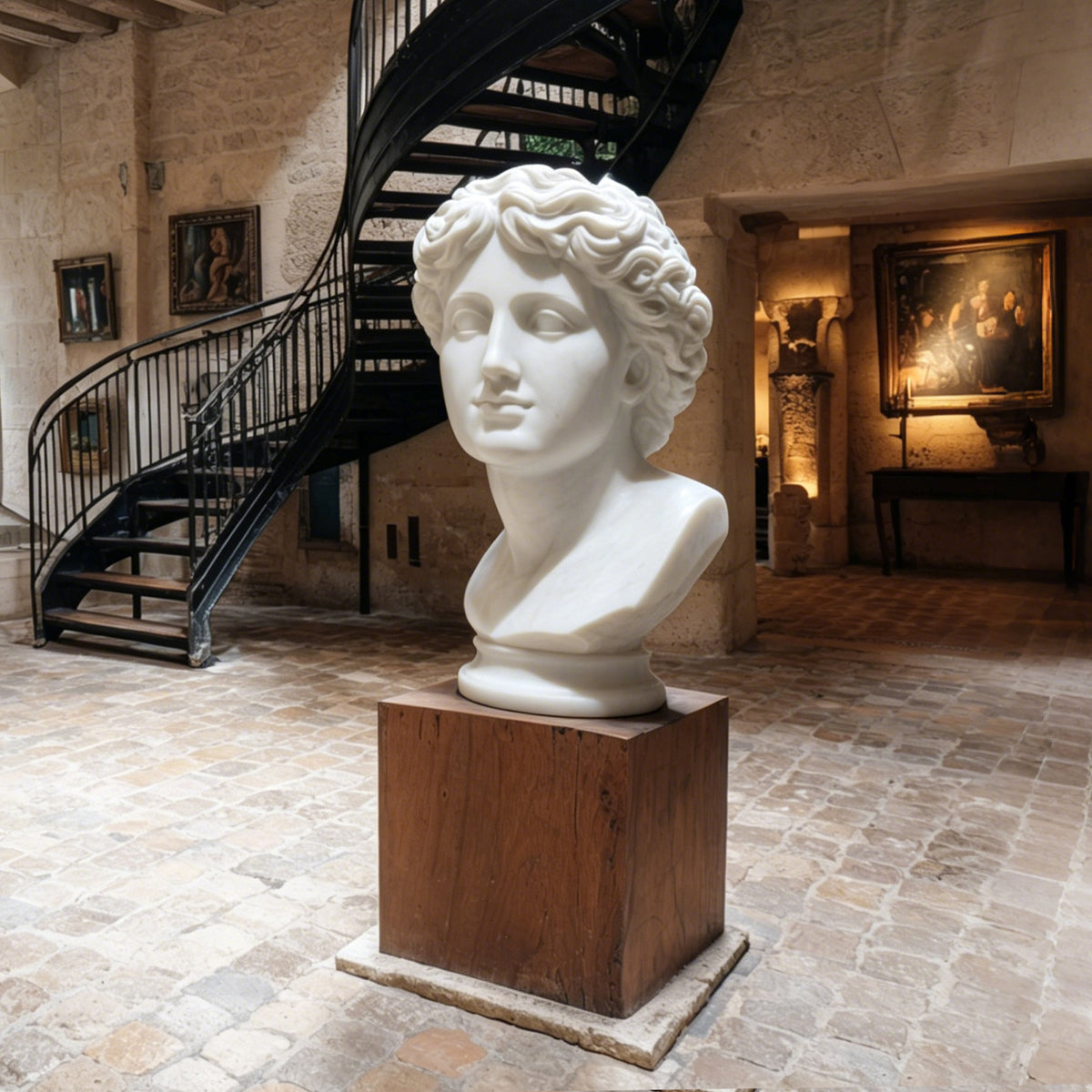 White marble female bust sculpture displayed on a wooden pedestal in a classical stone interior, featuring finely carved wavy hair, serene facial features, and a polished white marble surface.