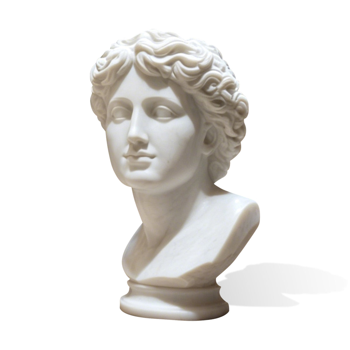 Classical white marble female bust sculpture featuring an elegant idealized face, softly carved eyes, detailed wavy hair, graceful neck and shoulders, and a smooth rounded pedestal base.