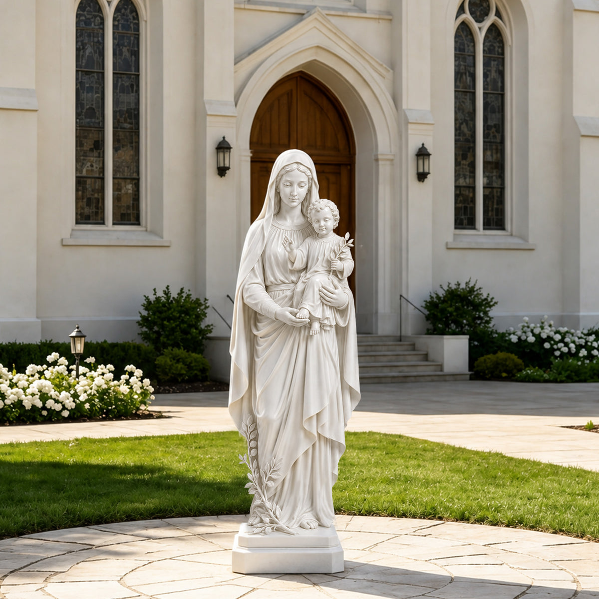 White marble Virgin Mary and Child statue displayed in a landscaped church courtyard, featuring Mary in flowing veiled robes holding the infant Jesus with an olive branch, delicate carved foliage at the base, and refined devotional detailing against Gothic-style church architecture.