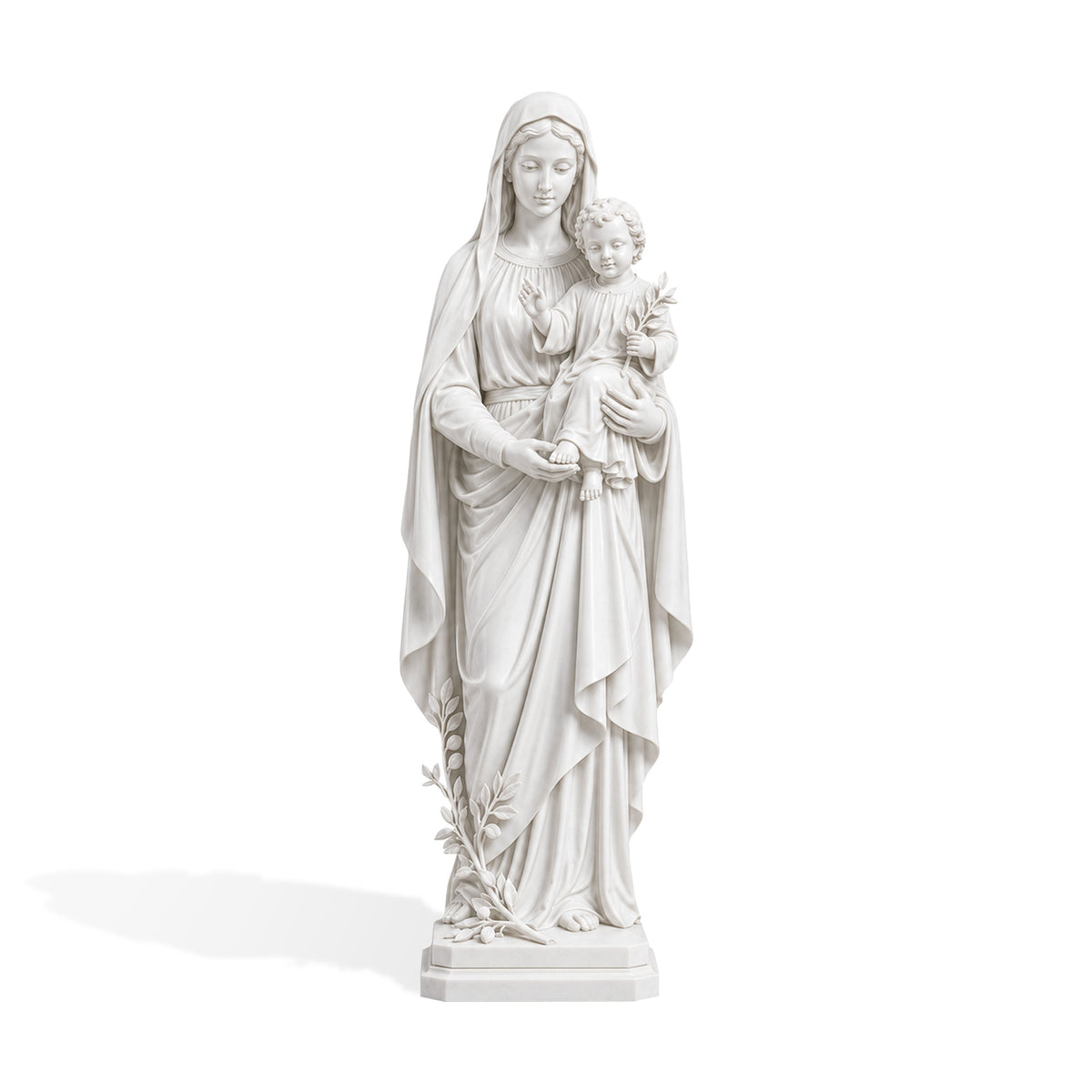 White marble Madonna and Child sculpture depicting the Virgin Mary standing gracefully while holding the infant Jesus, with finely carved flowing robes, serene facial expressions, an olive branch held by the child, botanical details at the base, and a polished white marble surface.
