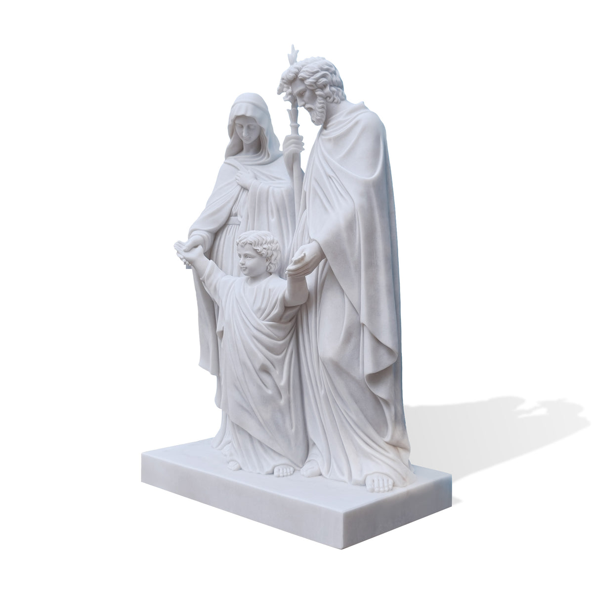 Hand-carved white marble Holy Family statue shown from the right side, portraying Mary and Joseph gently holding the hands of the child Jesus with finely carved drapery and lifelike details.