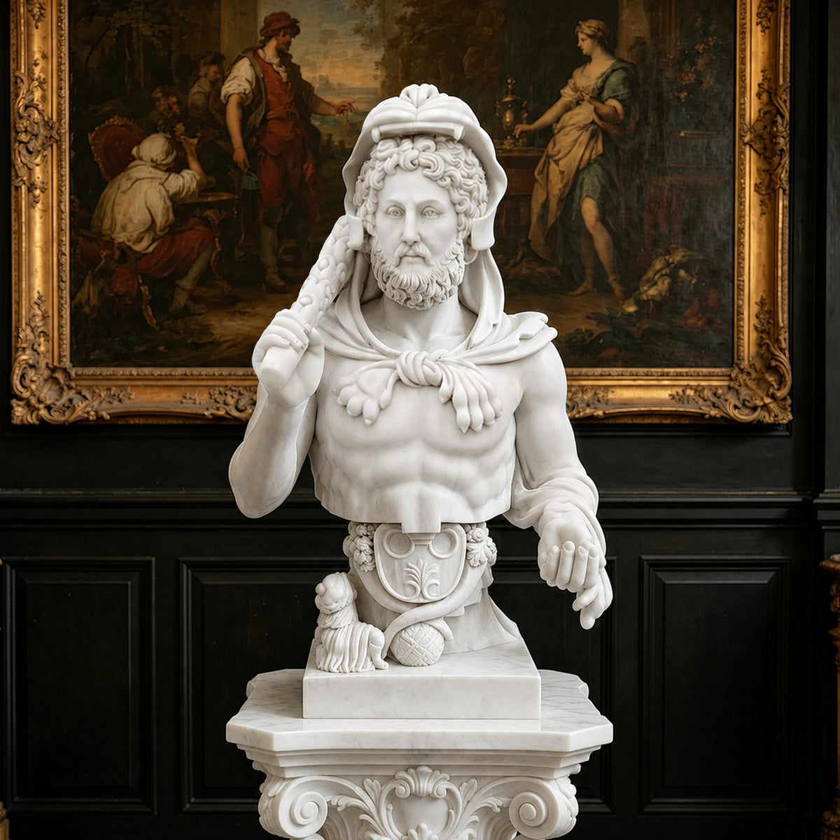 Classical white marble warrior bust displayed on an ornate pedestal in a luxury traditional interior, featuring a bearded figure with an animal-head helmet, muscular torso, carved club, detailed costume ornaments, and finely sculpted facial features.