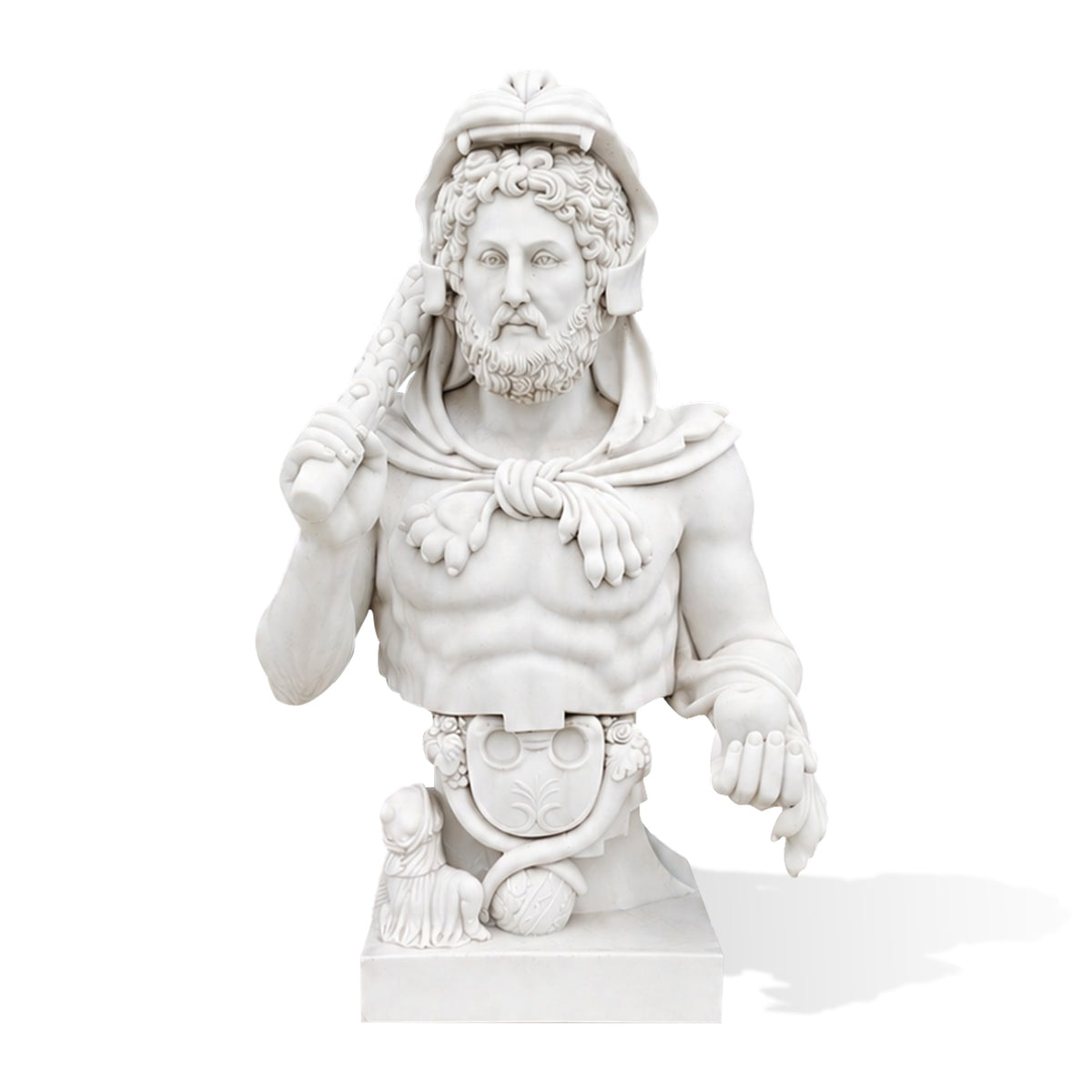 Front view of a hand-carved white marble classical warrior bust featuring a curly beard, animal-head helmet, muscular chest, decorative belt and drapery, carved club resting over the shoulder, and intricate ornamental details.