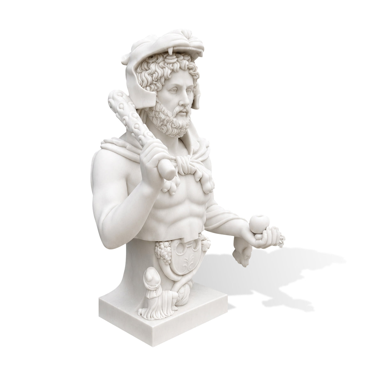 Three-quarter view of a classical white marble warrior bust holding a richly carved club and round object, with a detailed animal-head helmet, curly hair and beard, muscular anatomy, flowing drapery, decorative waist ornaments, and rectangular marble base.