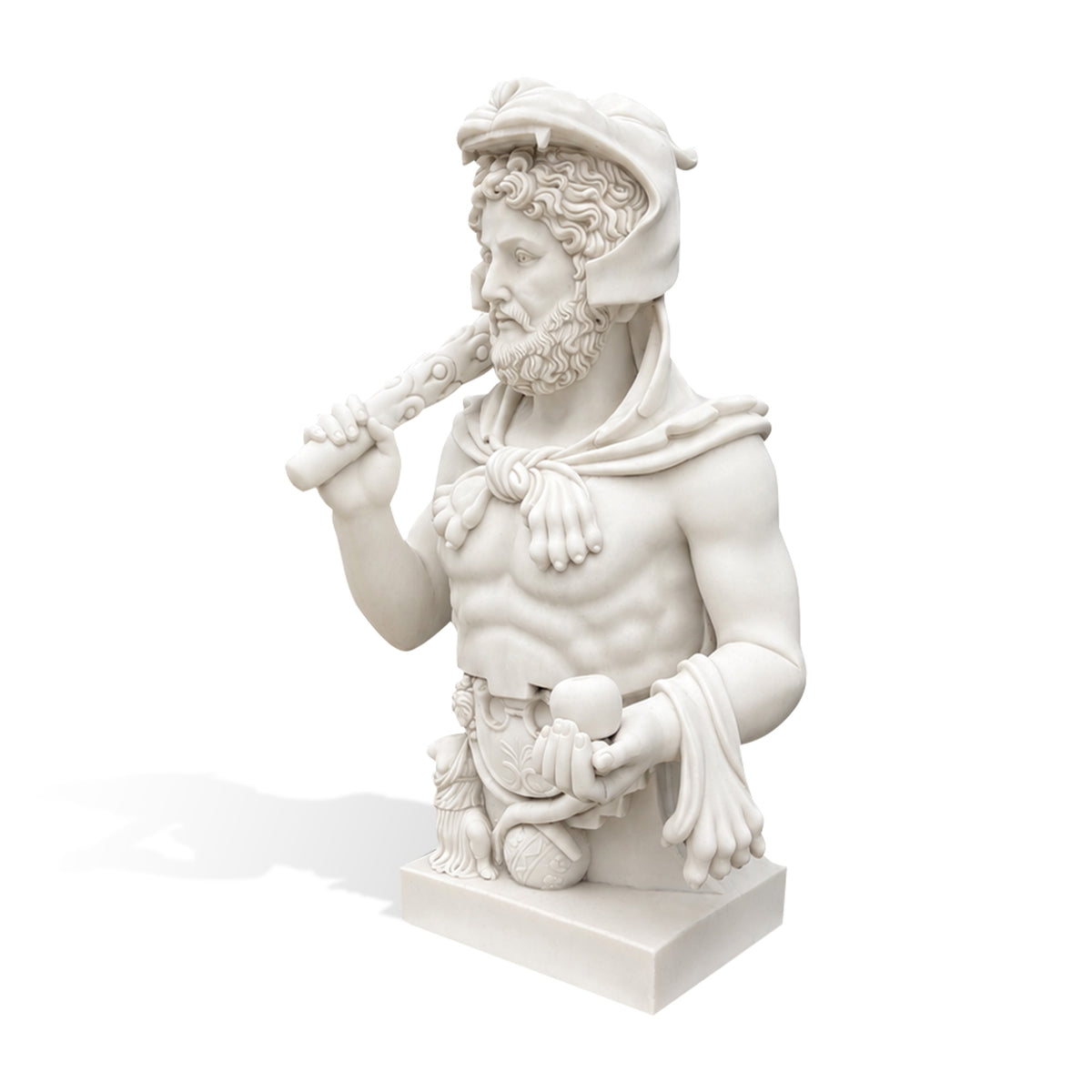 White marble classical warrior bust sculpture shown from a three-quarter side view, featuring a bearded male figure wearing an animal-head helmet, holding a carved club over his shoulder and a round object in one hand, with detailed drapery and ornamental carving.