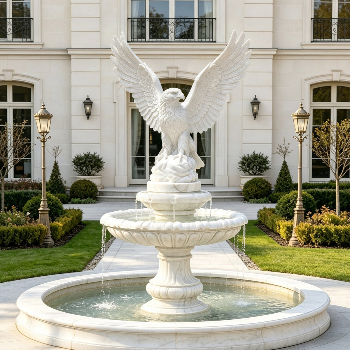 Elegant white marble eagle fountain sculpture featuring a majestic eagle with fully outstretched wings, intricately carved feathers, a curved beak, and powerful talons resting on a rocky base. The sculpture rises above an ornate tiered marble fountain with cascading water flowing into a circular pool, positioned in the landscaped courtyard of a luxury European-style villa.