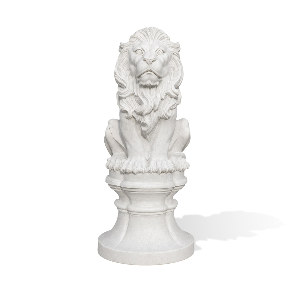 White marble lion statue with a deeply carved flowing mane, forward-facing seated pose, and ornate sculpted pedestal