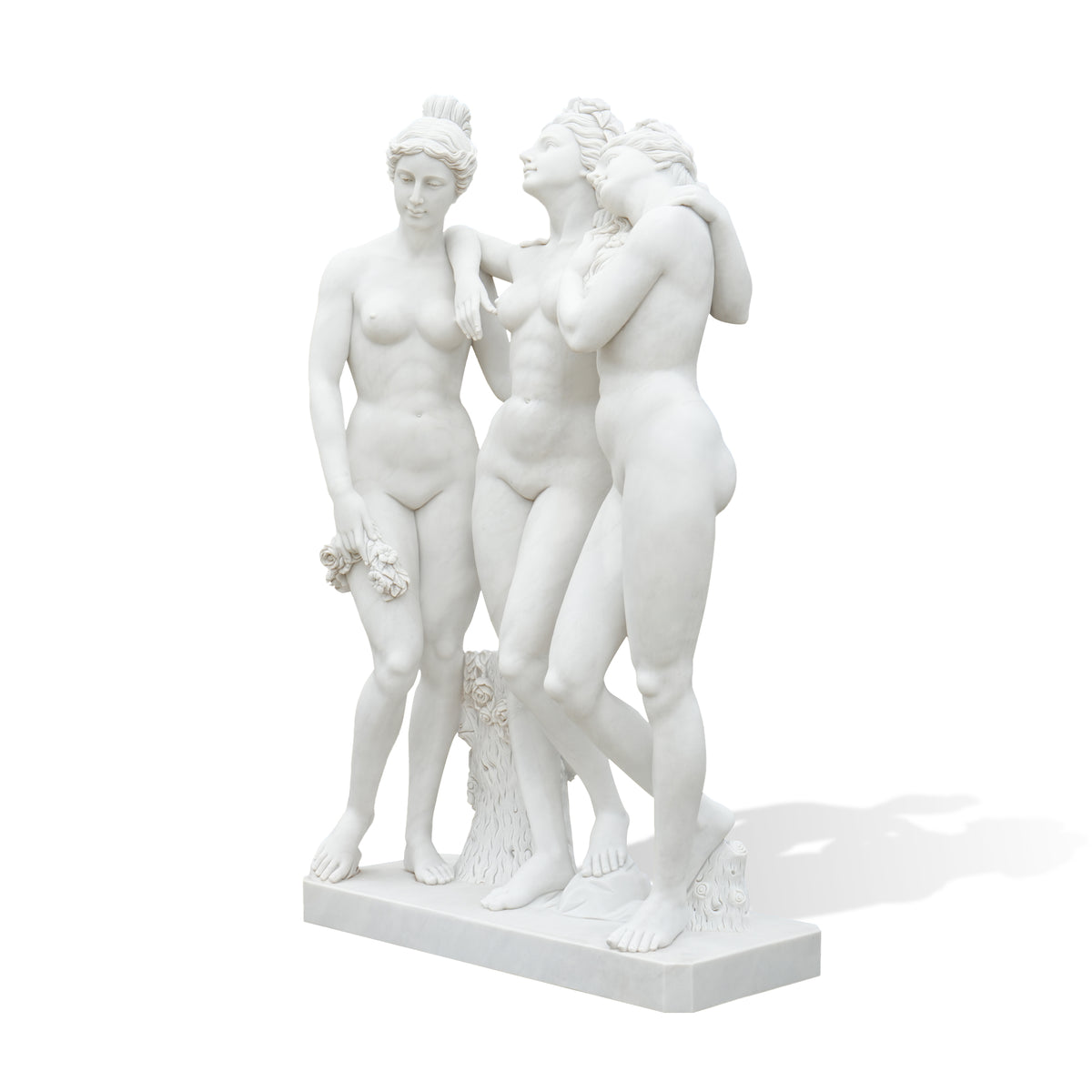 Three-quarter view of a hand-carved Three Graces marble sculpture featuring intertwined arms, natural female poses and detailed classical hairstyles.