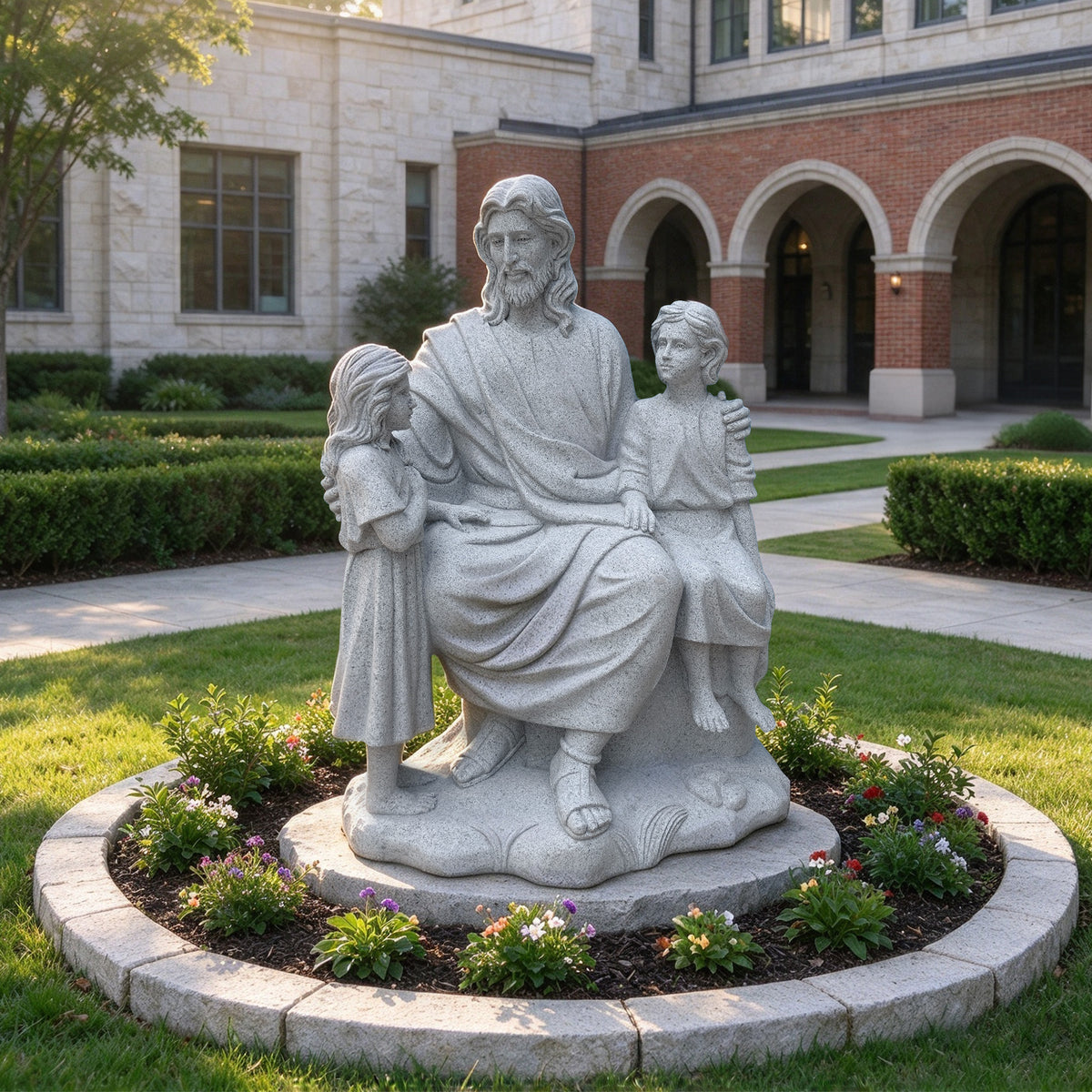 Gray granite statue of Jesus seated with a girl standing beside him and a boy seated at his other side, his arms around both children. Displayed within a circular flower bed in a landscaped courtyard outside a brick and stone building with arched entrances.