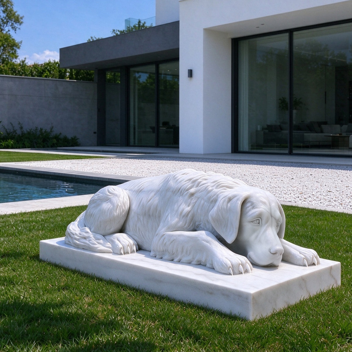 White marble resting dog statue on a rectangular base placed on a green lawn beside a swimming pool, with its head lowered between its paws and carved fur illuminated by sunlight outside a modern glass-fronted house.