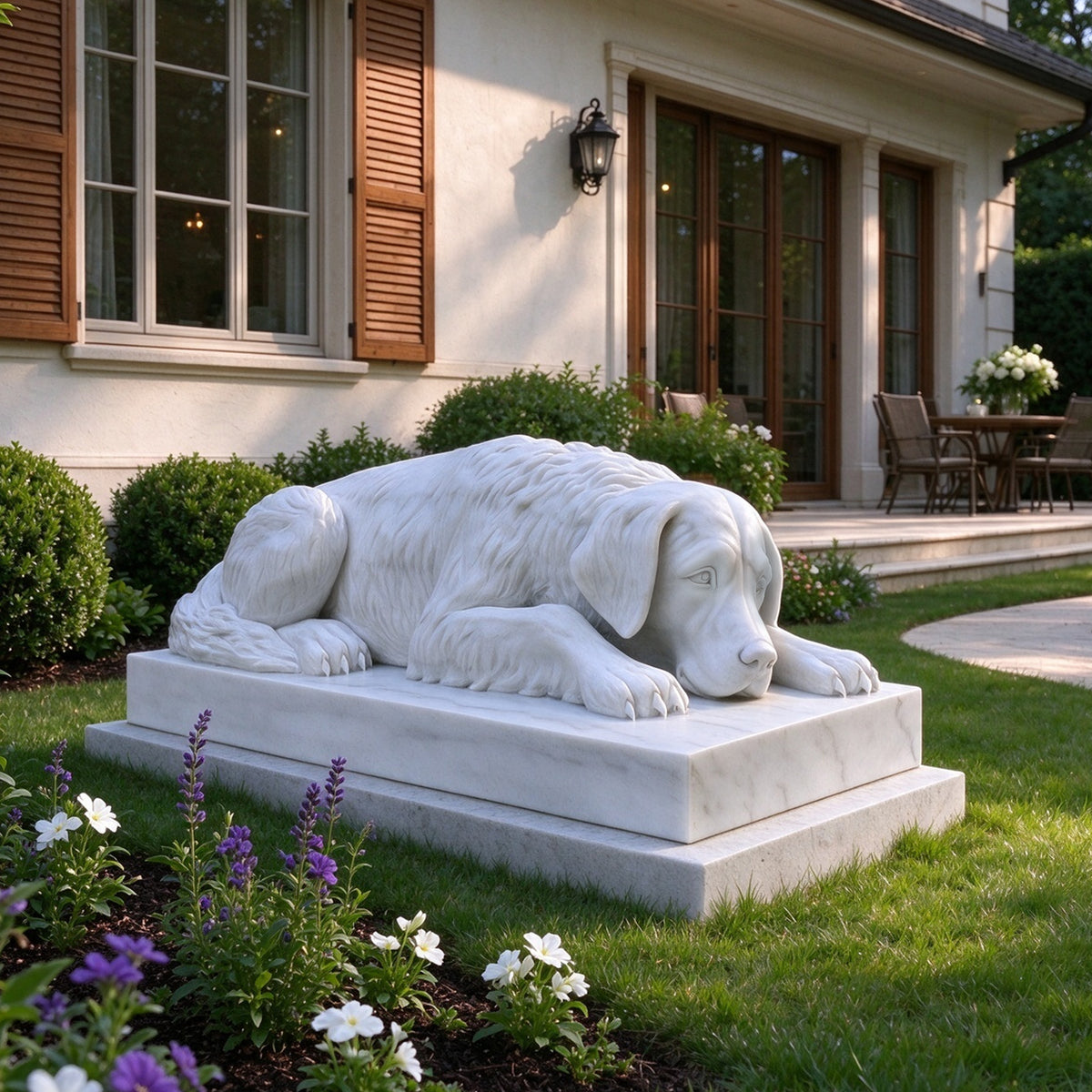 Reclining white marble dog statue displayed on a stepped rectangular plinth in a residential garden, surrounded by lawn, flowering plants and shrubs, with wooden shutters, glass patio doors and outdoor seating behind it.