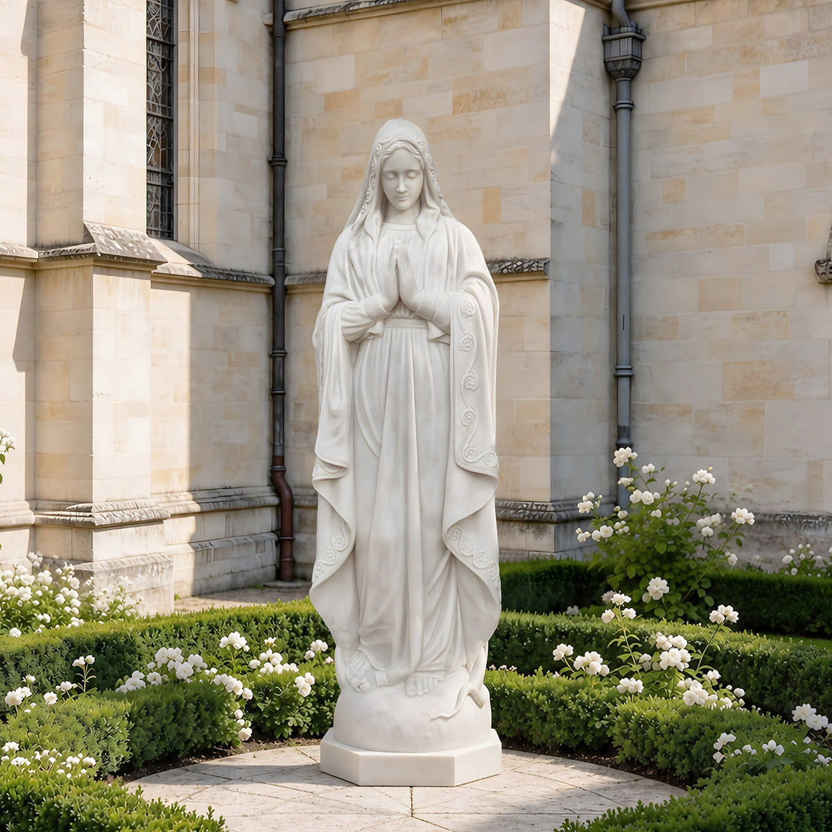 White marble statue of the Virgin Mary with hands joined in prayer, a gently bowed head and floral borders along her veil and mantle, displayed among white flowers and clipped hedges beside a stone church wall.