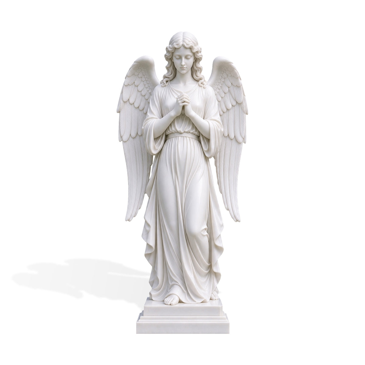 Front view of the white marble angel statue with downcast eyes, wavy shoulder-length hair and hands clasped at the chest. Layered feathered wings frame a flowing belted robe, with bare feet resting on a stepped rectangular base against a white background.
