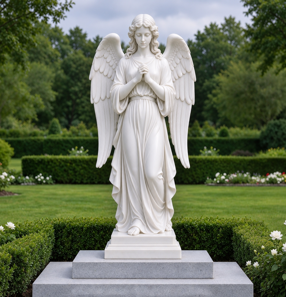 White marble praying angel statue displayed on a tiered gray stone pedestal in a formal garden. The figure has clasped hands, long feathered wings and softly folded robes, surrounded by clipped hedges, white flowers, green lawn and mature trees.