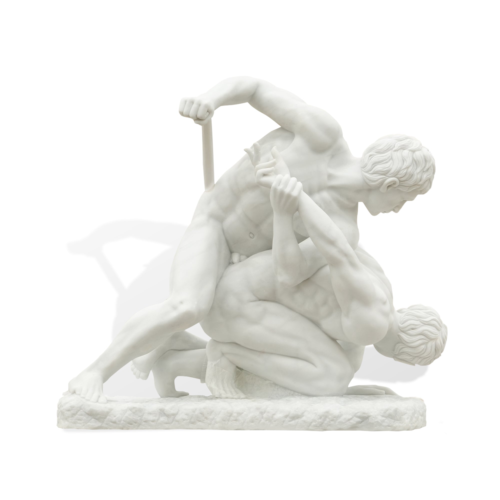 Front view of The Wrestlers marble sculpture replica featuring two athletes in dramatic wrestling scene inspired by classical Greek art.
