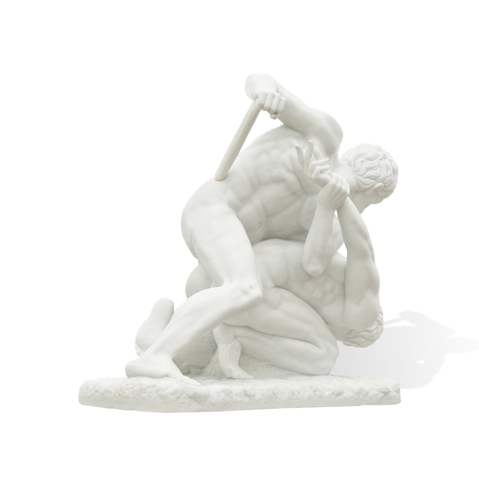 Side angle of The Wrestlers marble sculpture replica highlighting the dynamic struggle of two male athletes