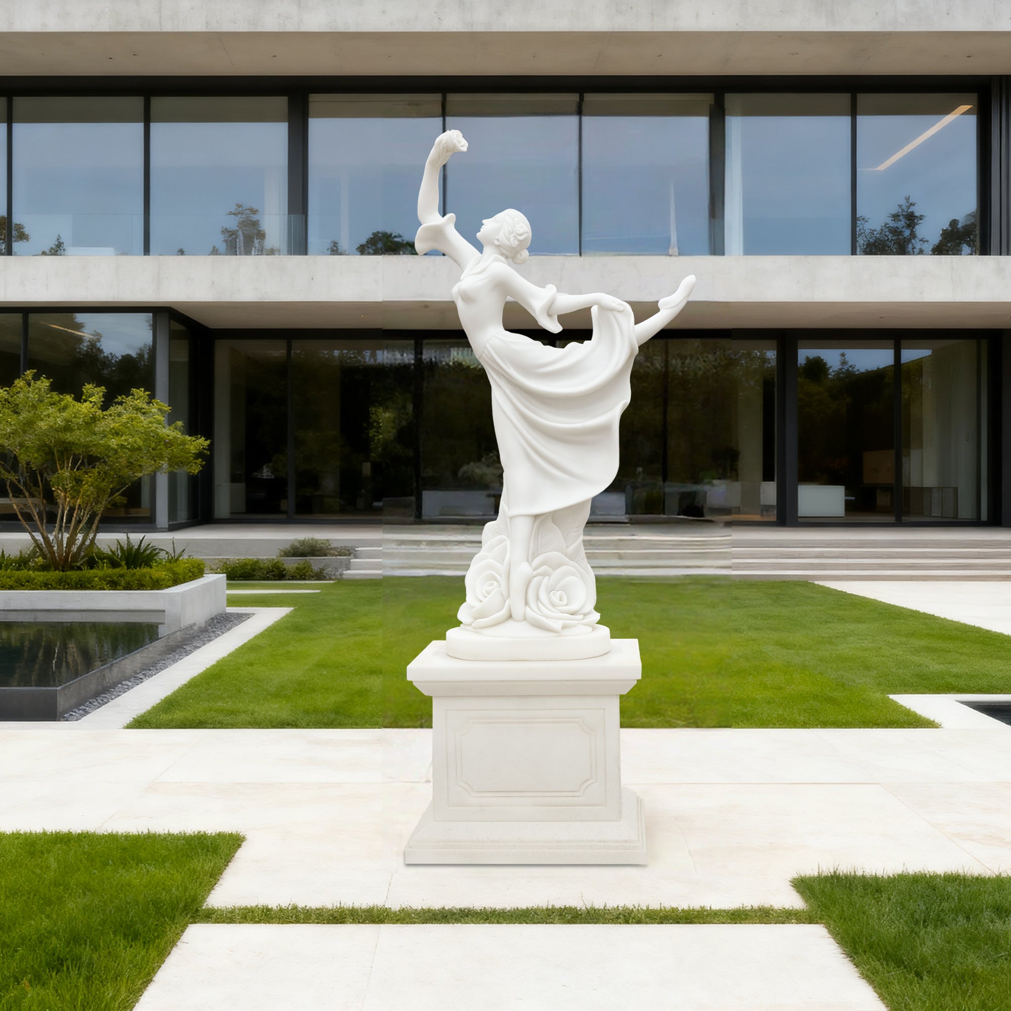 marble dancing lady sculpture displayed in modern villa garden, elegant centerpiece for courtyards, estates, and event lawns.