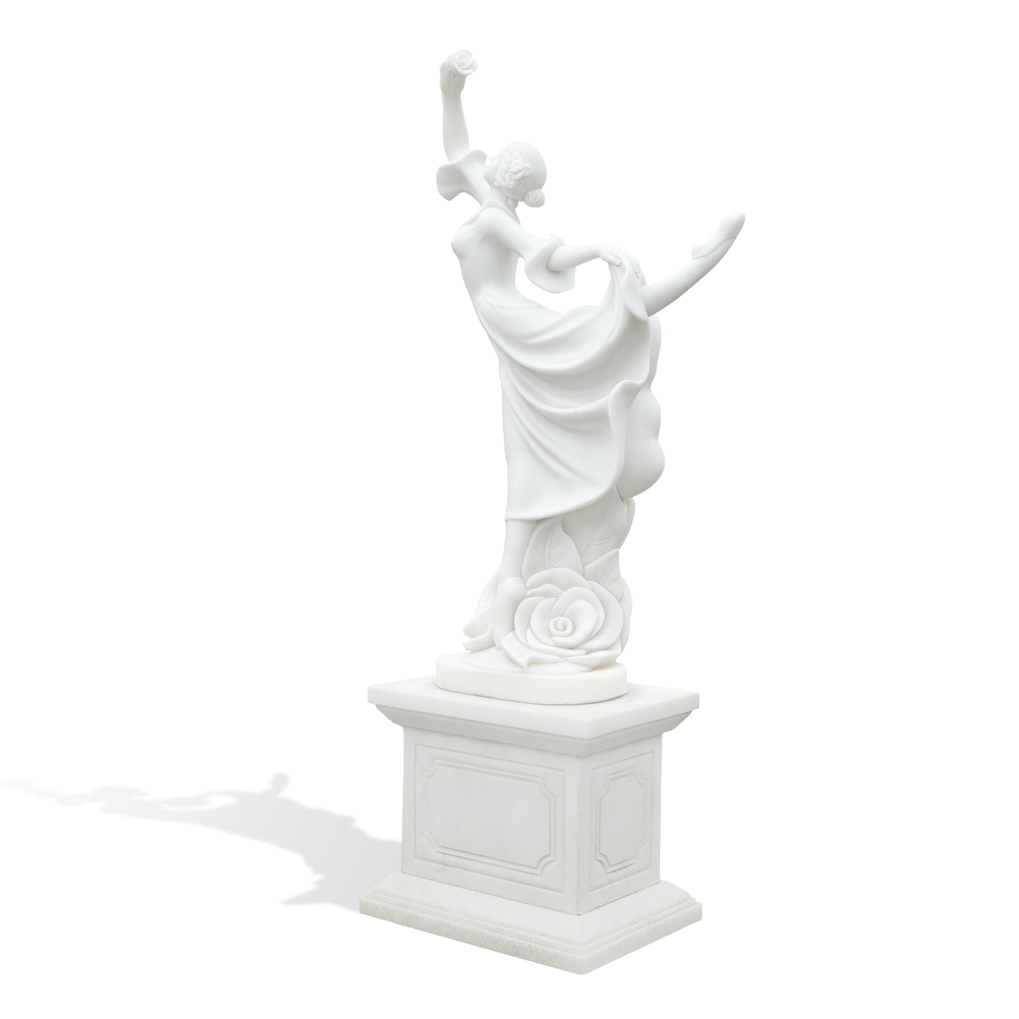 elegant marble dancer statue side angle view, hand-carved female figure perfect for estate entrances, courtyards, and luxury homes.
