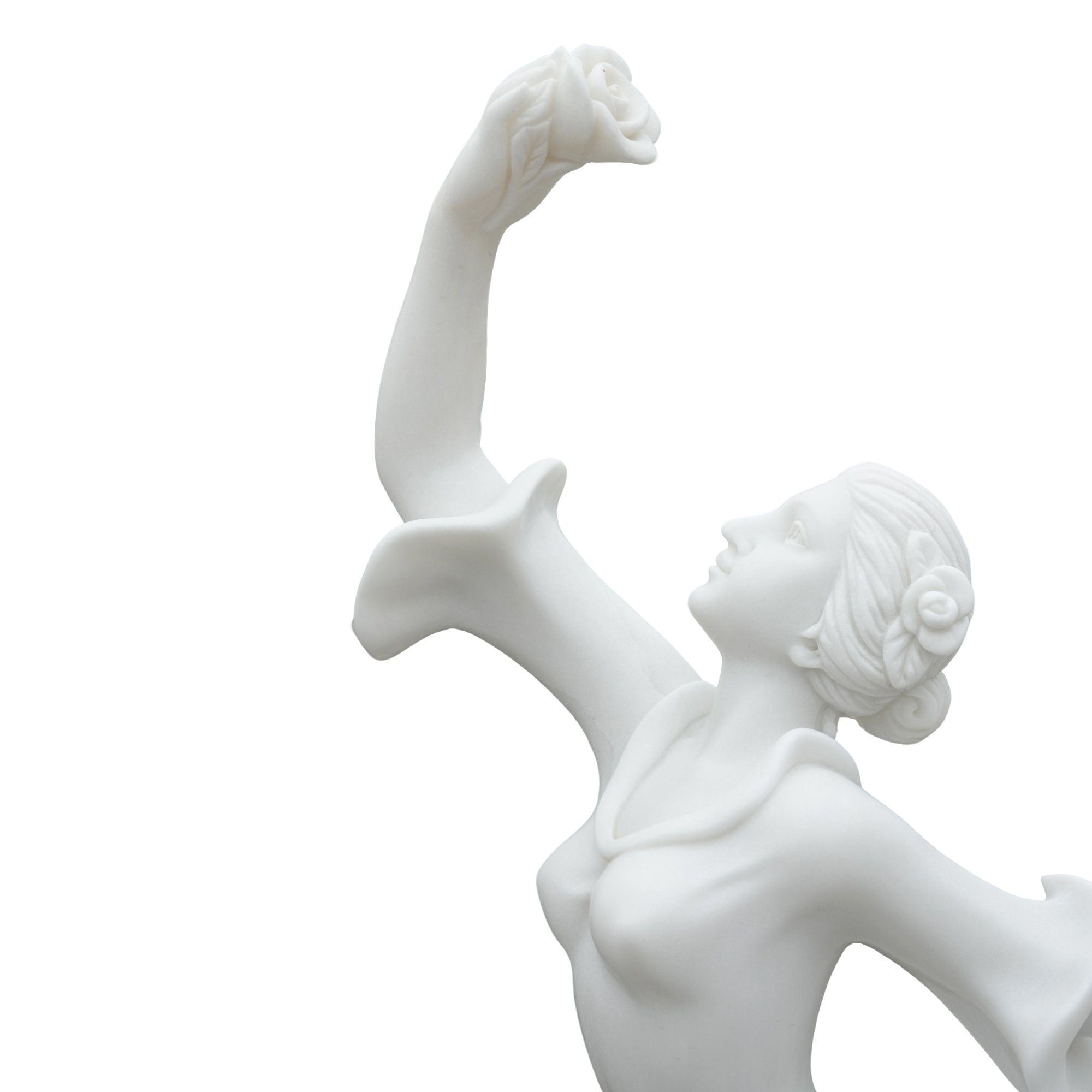 marble dancer statue face and raised hand holding flower detail, hand-carved with serene expression.