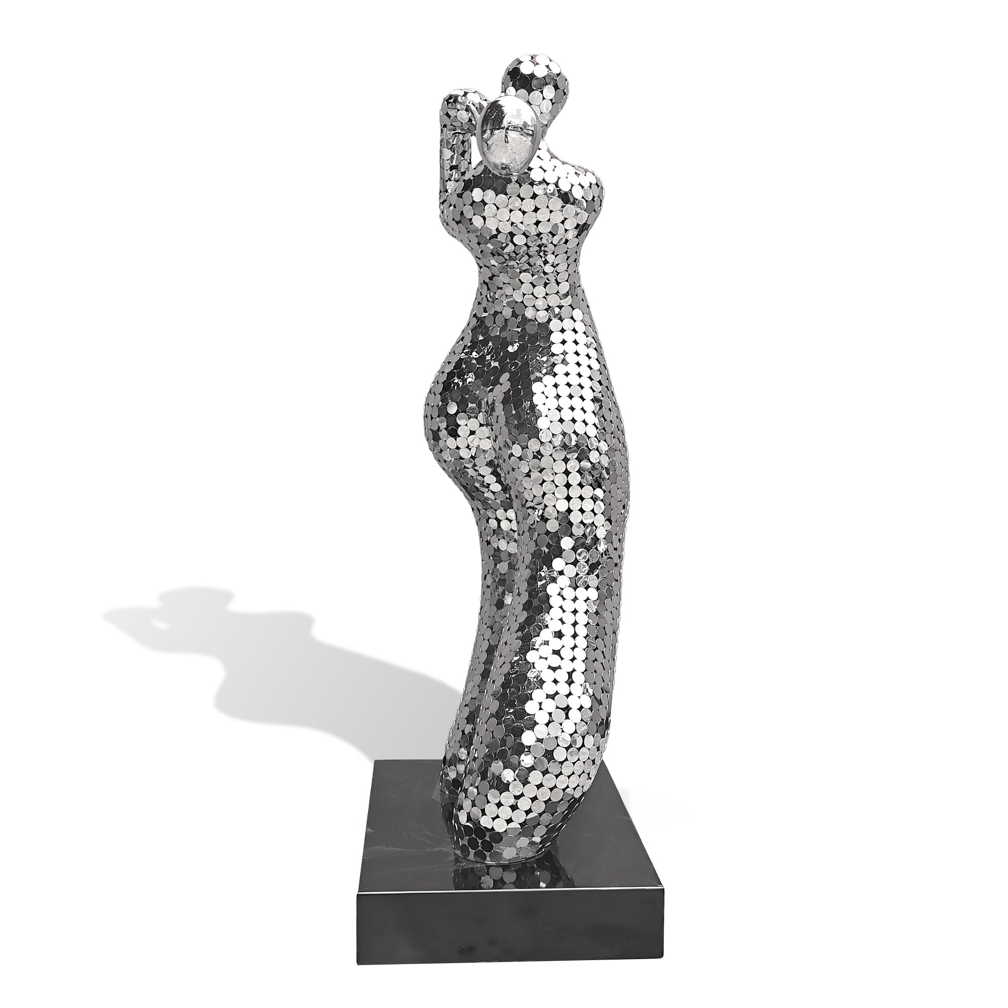 Artistic stainless steel golfer statue in swinging pose, abstract sports sculpture for gardens or clubhouses.