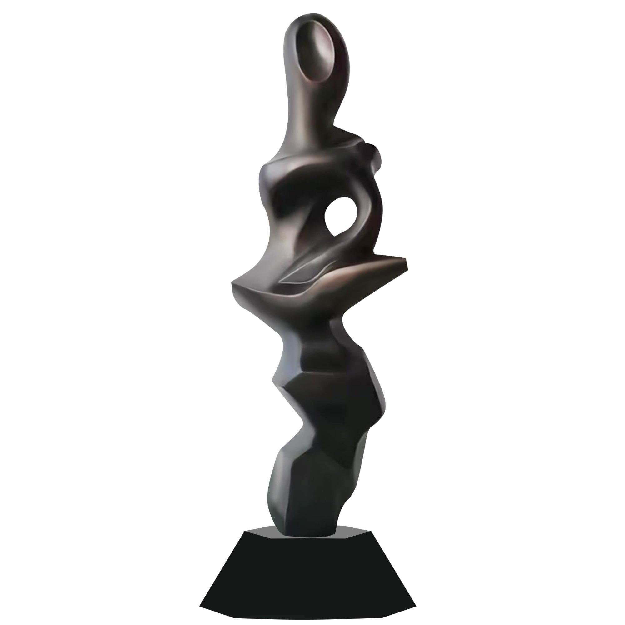 Abstract stainless steel floor sculpture with fluid, organic shapes and a matte finish, standing on a sturdy black base