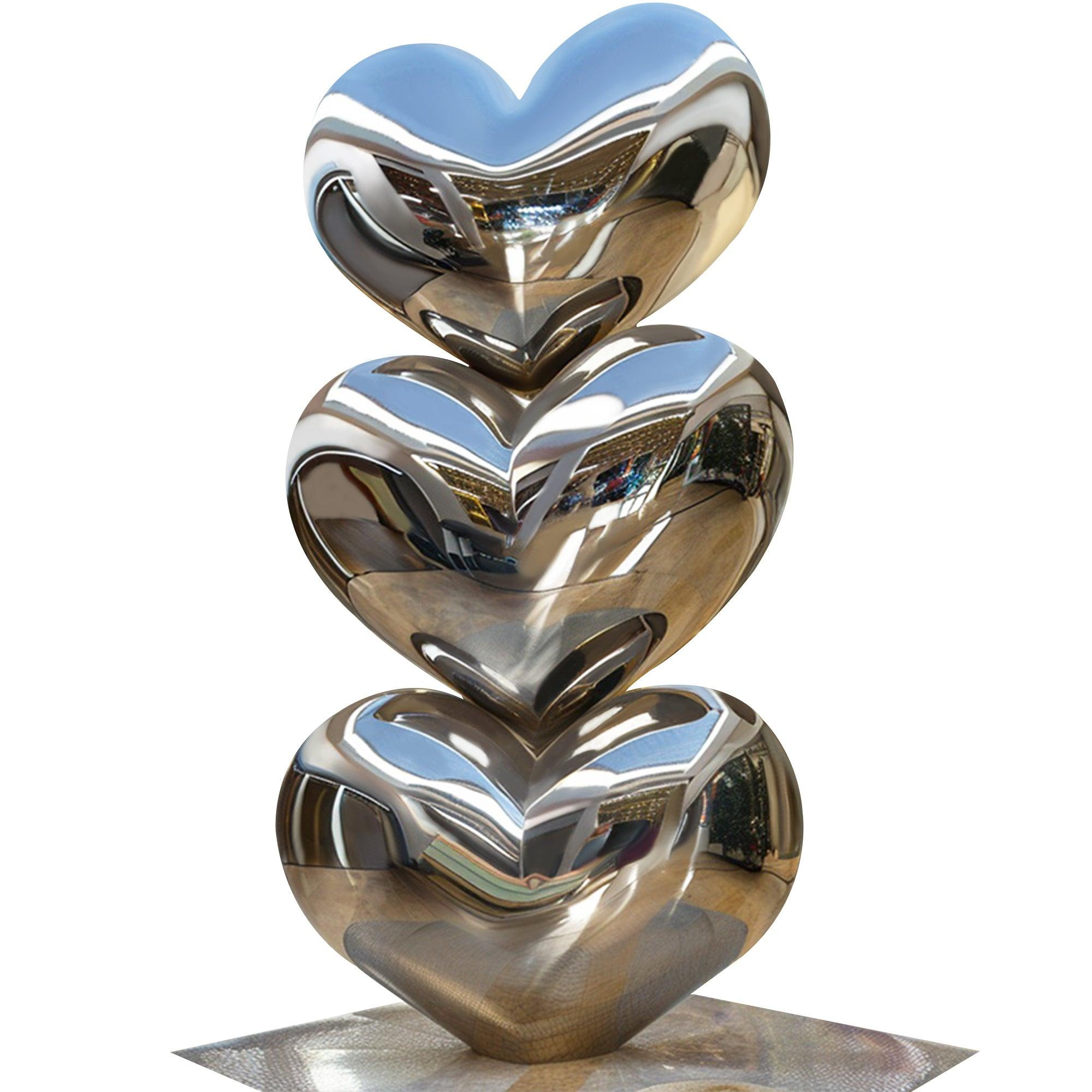 mirror finish three stack heart stainless steel sculpture