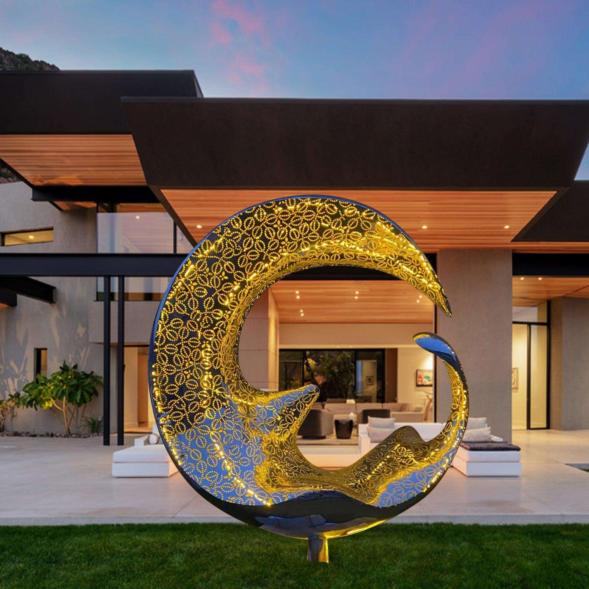 large outdoor moon shape stainless steel sculpture light