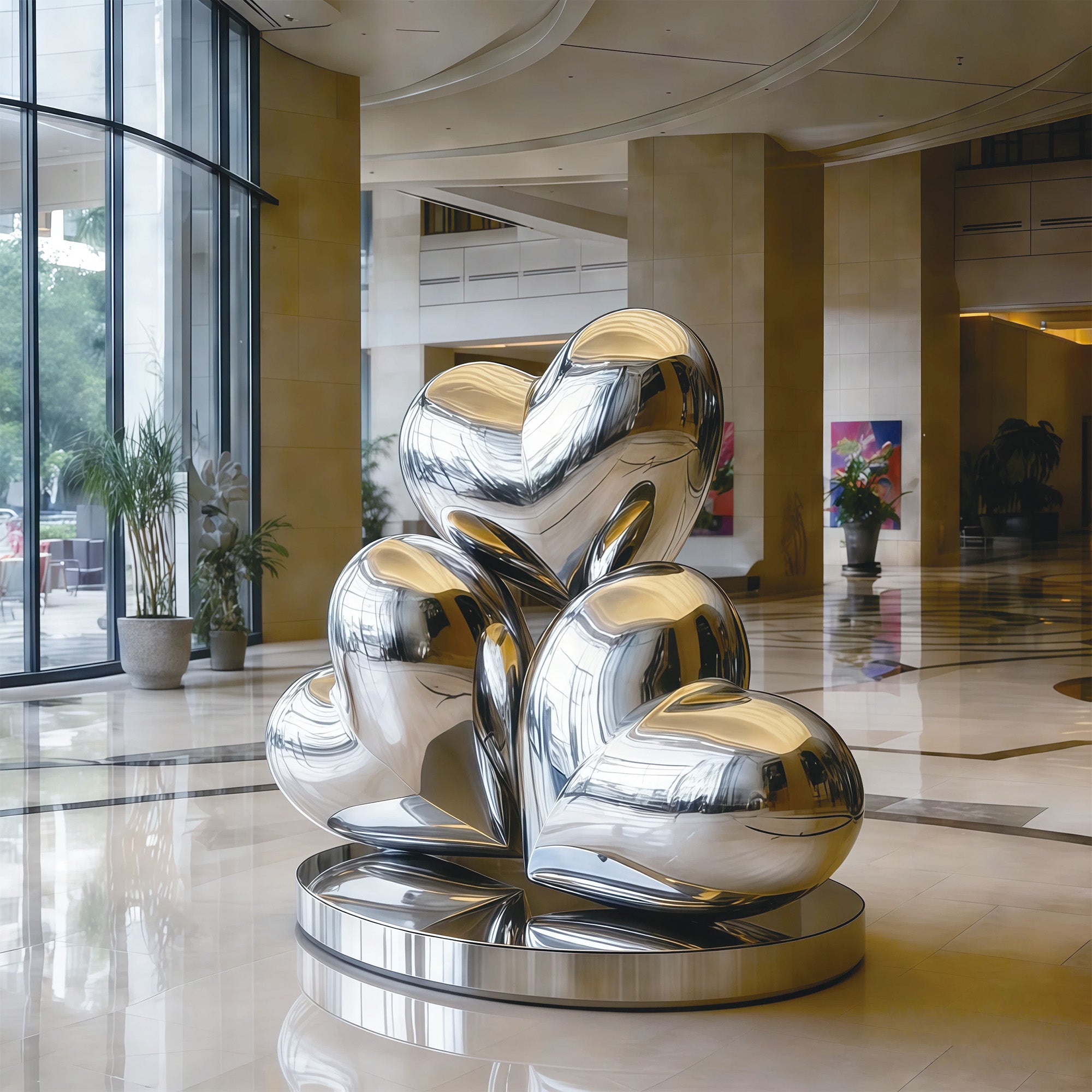 Metallic heart sculpture in a modern indoor setting with large windows and decor.