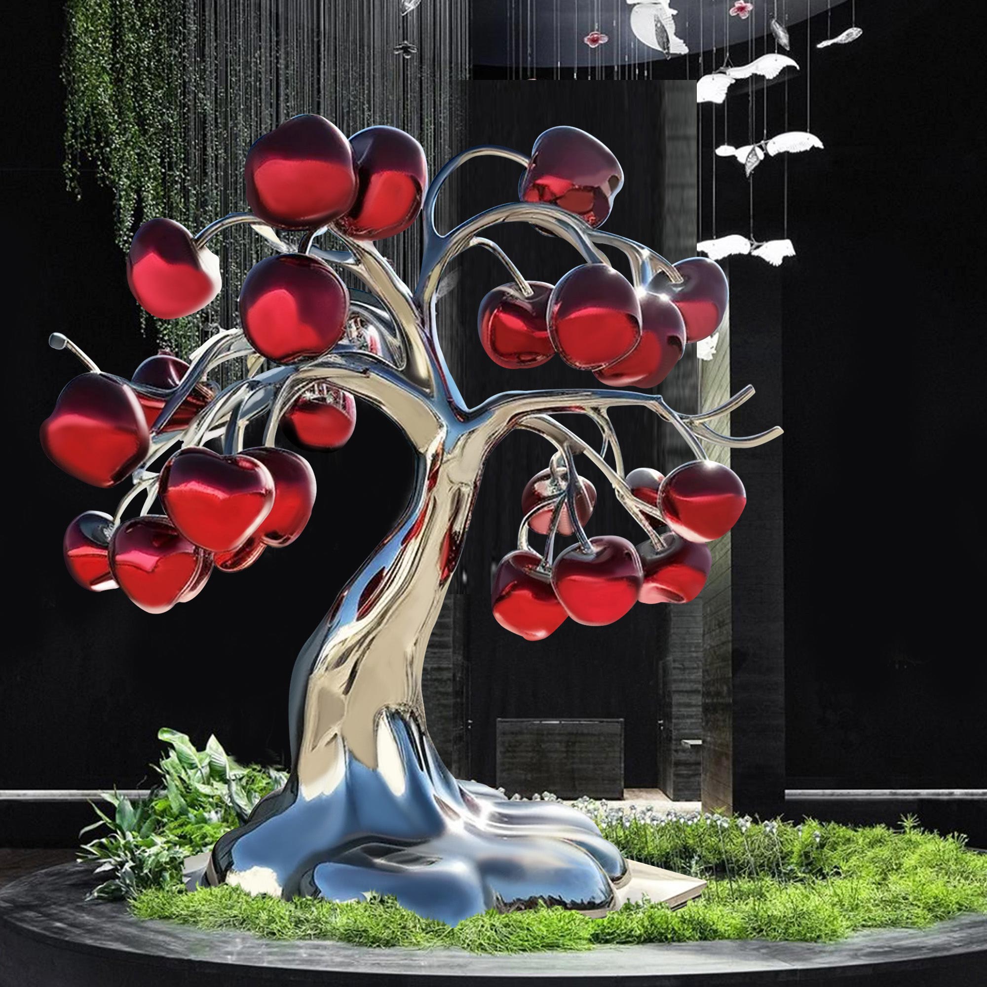 apple tree with many red apples metal stainless steel sculpture