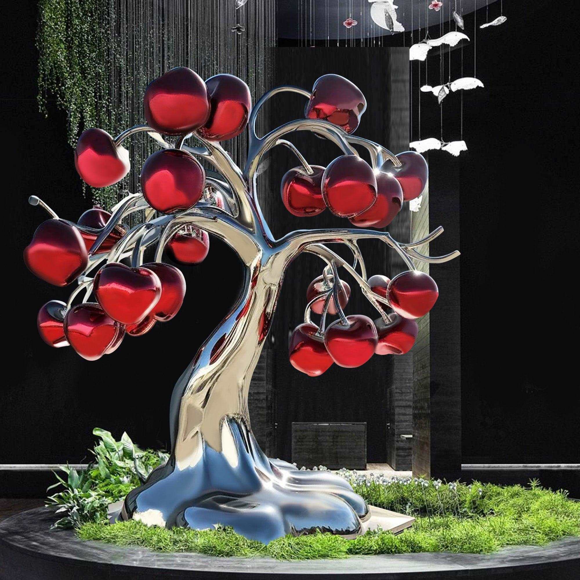 apple tree sculpture with red apples and standing indoor lobby