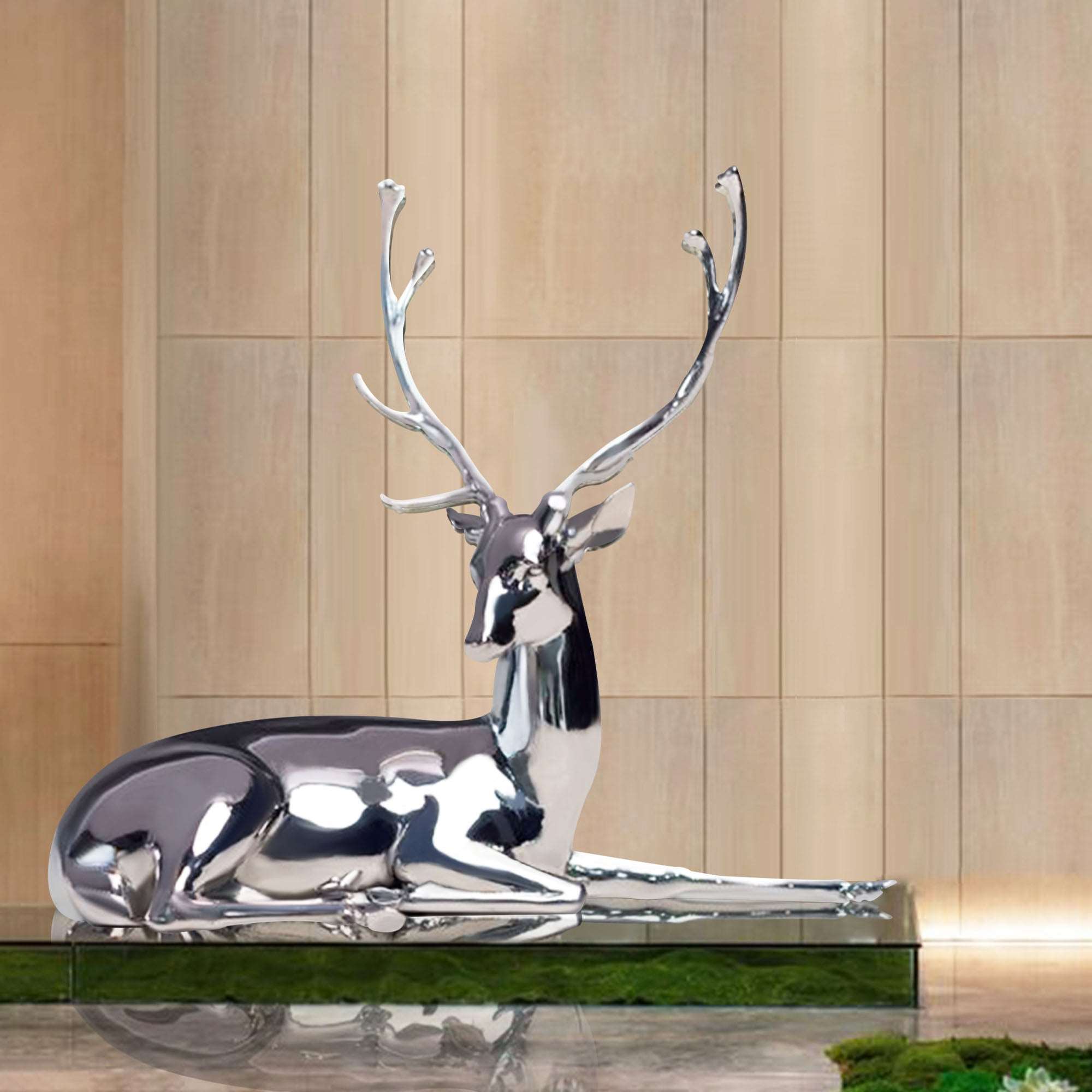 stainless steel polished mirror lying elk statue for indoor ornament