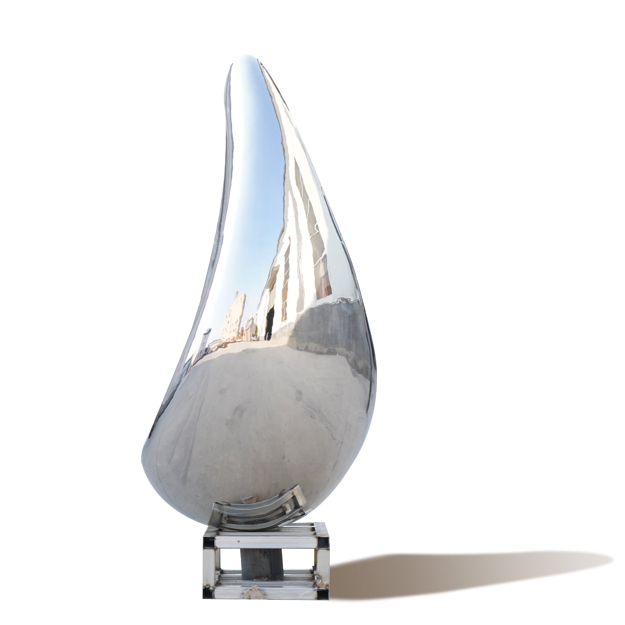 stainless steel teardrop sculpture with a reflective surface on a white background