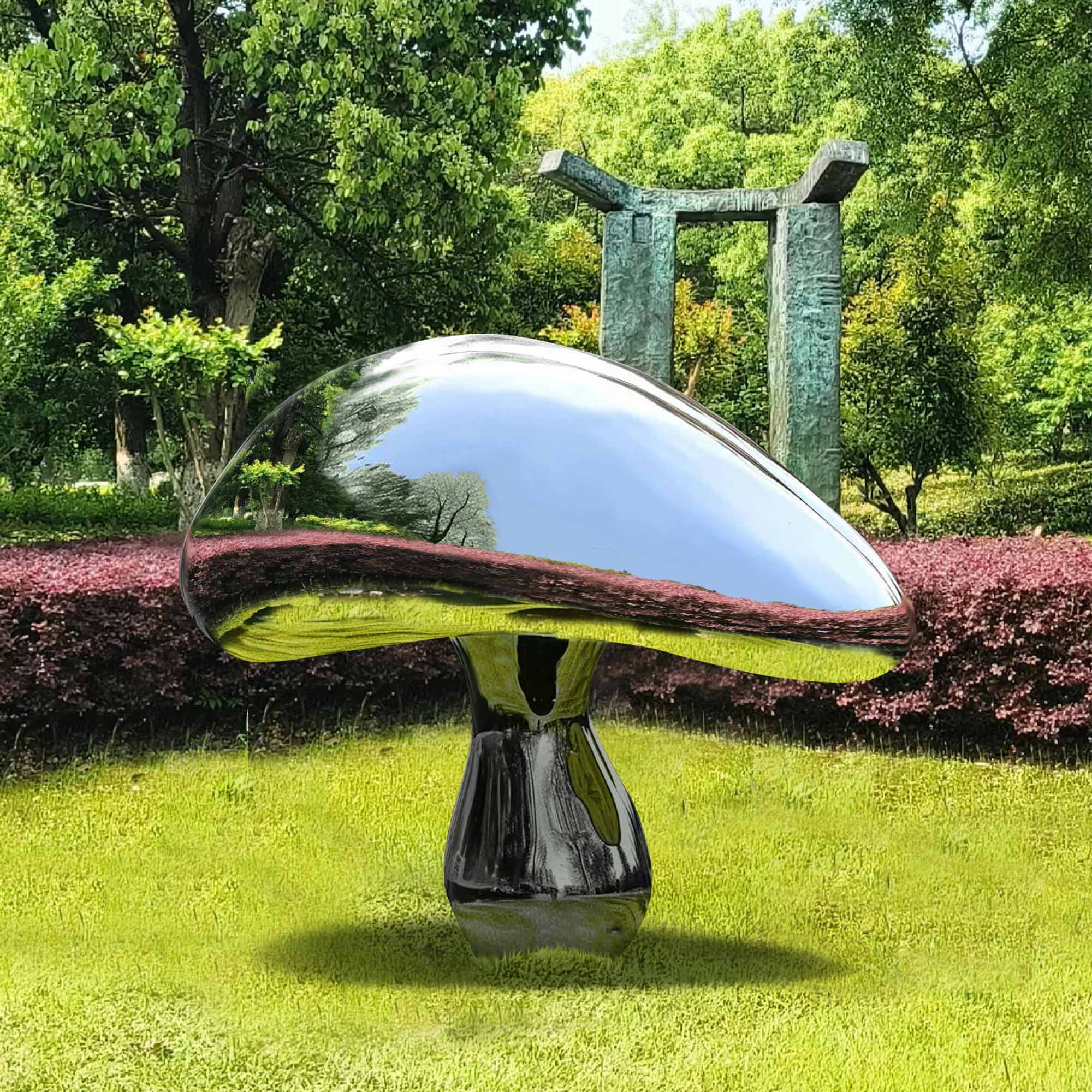 mushroom polished mirror stainless steel sculpture in public garden