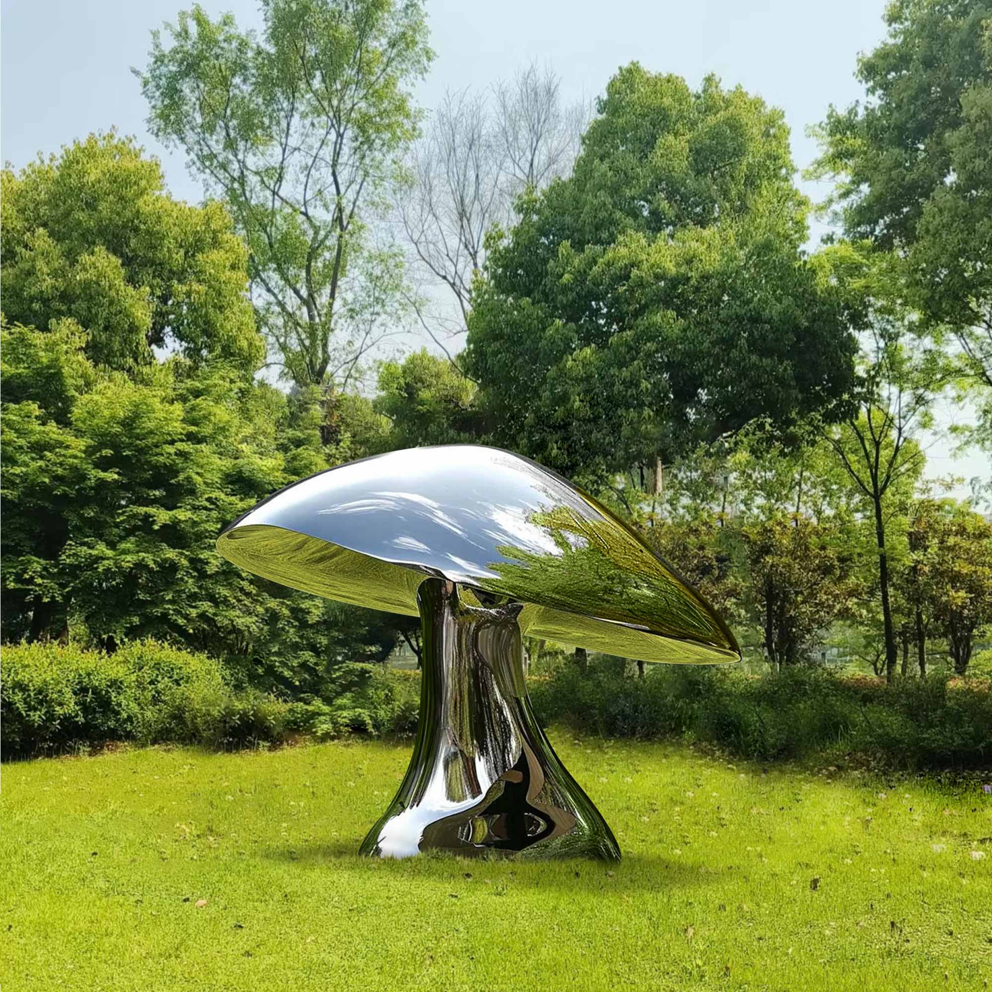 mushroom polished mirror stainless steel sculpture in public garden