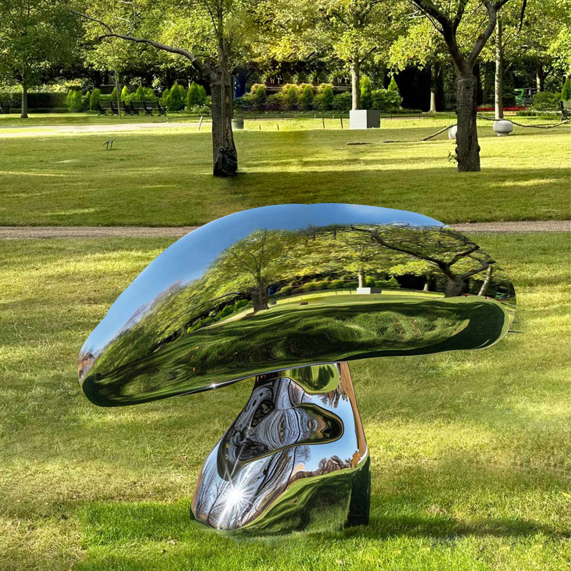 mushroom polished mirror stainless steel sculpture in public garden