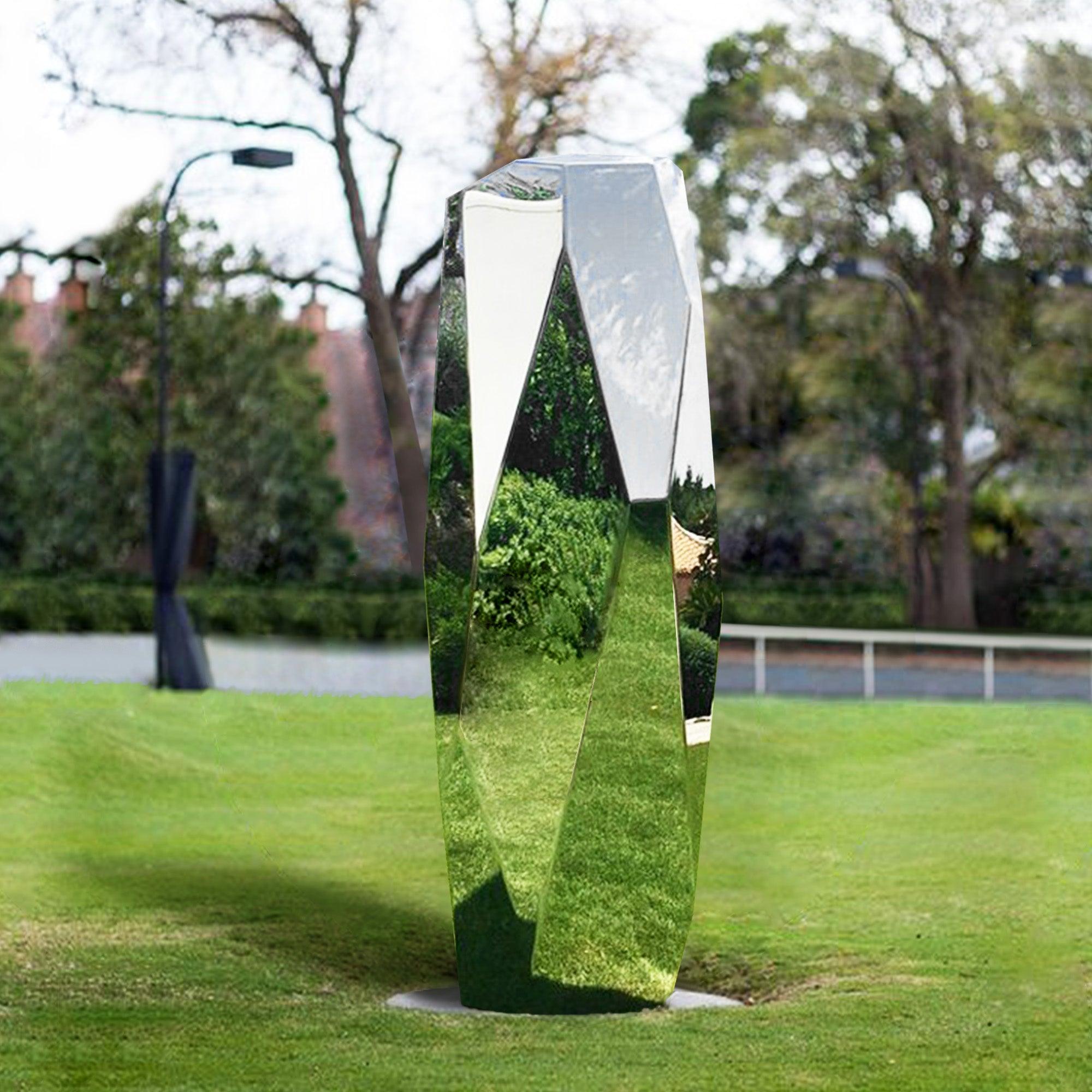 stainless steel sculpture art mirrored pillar sculpture standing in garden