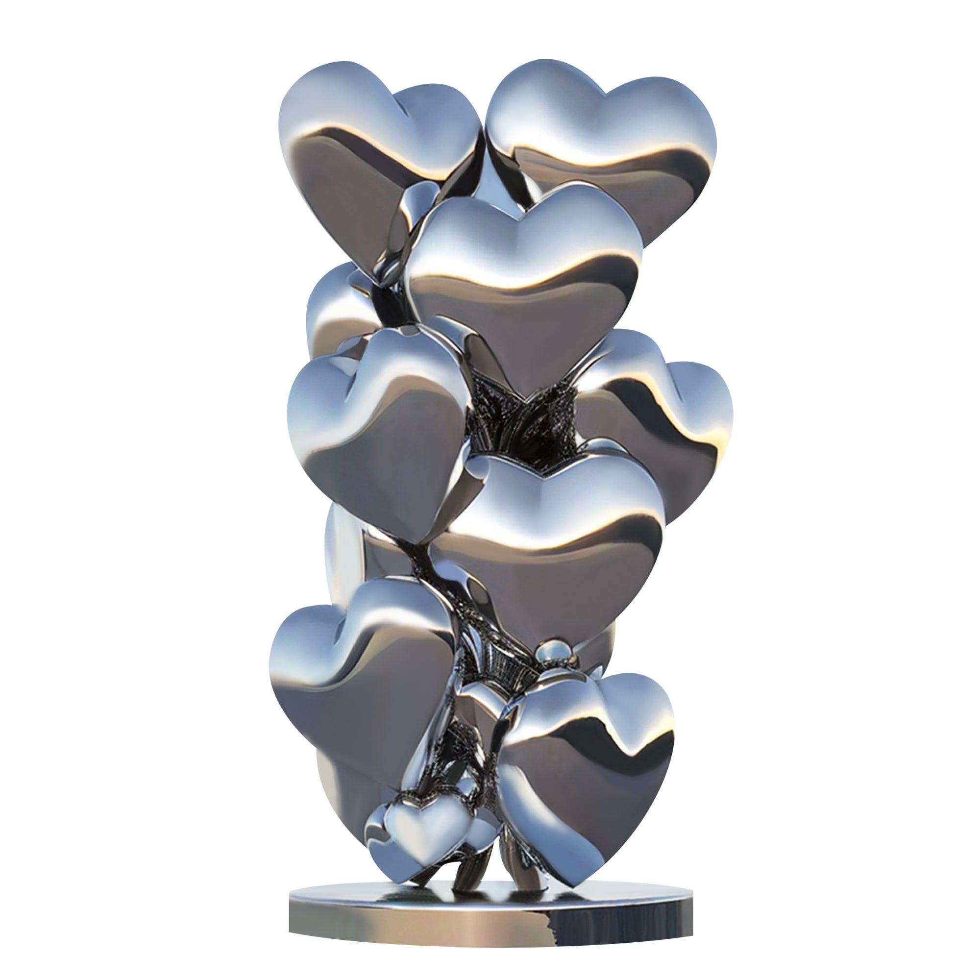 modern outdoor sculpture silver color stacked heart sculpture