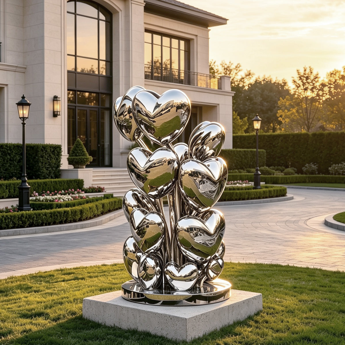 Custom mirror stainless steel heart sculpture installed as outdoor art in a luxury estate landscape