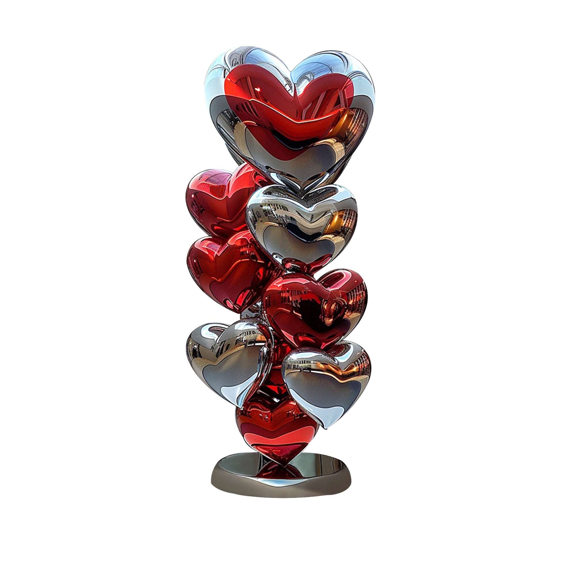 modern outdoor sculpture red and silver color stacked heart sculpture