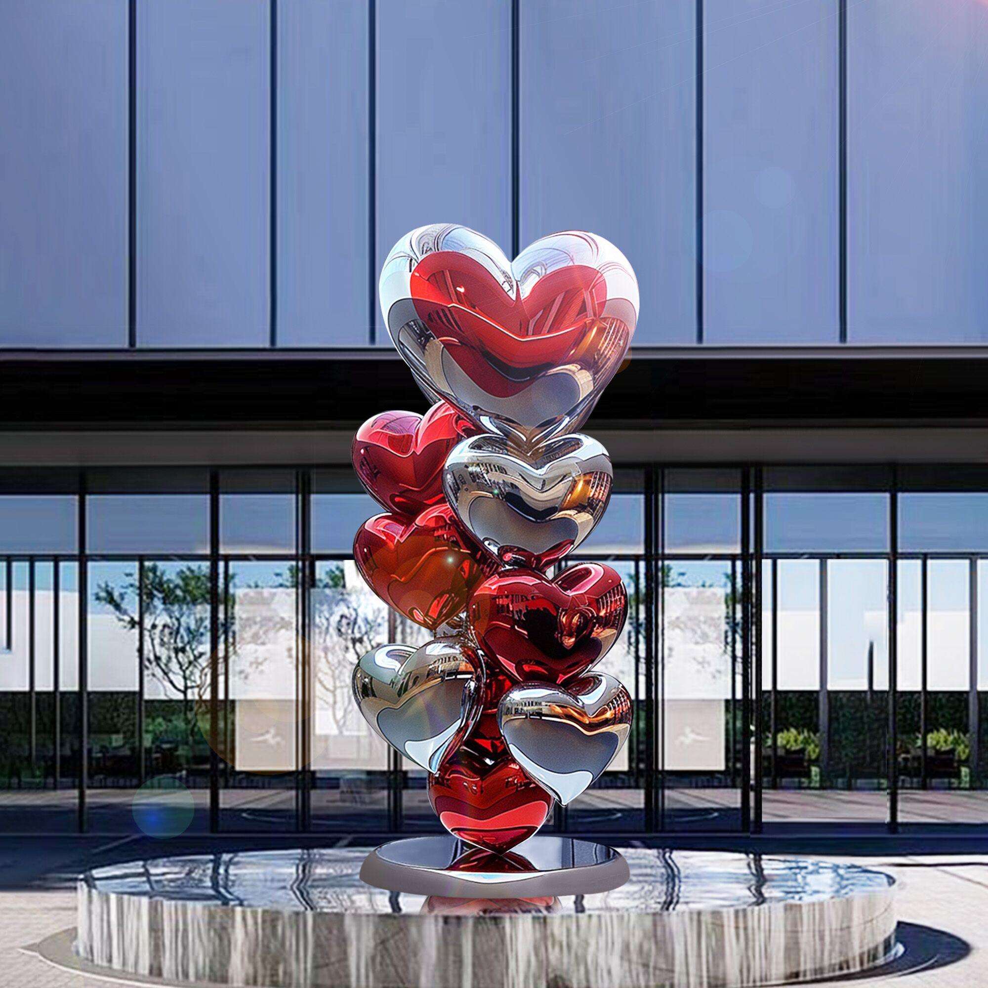 modern outdoor sculpture red and silver color stacked heart sculpture for outdoor landscape