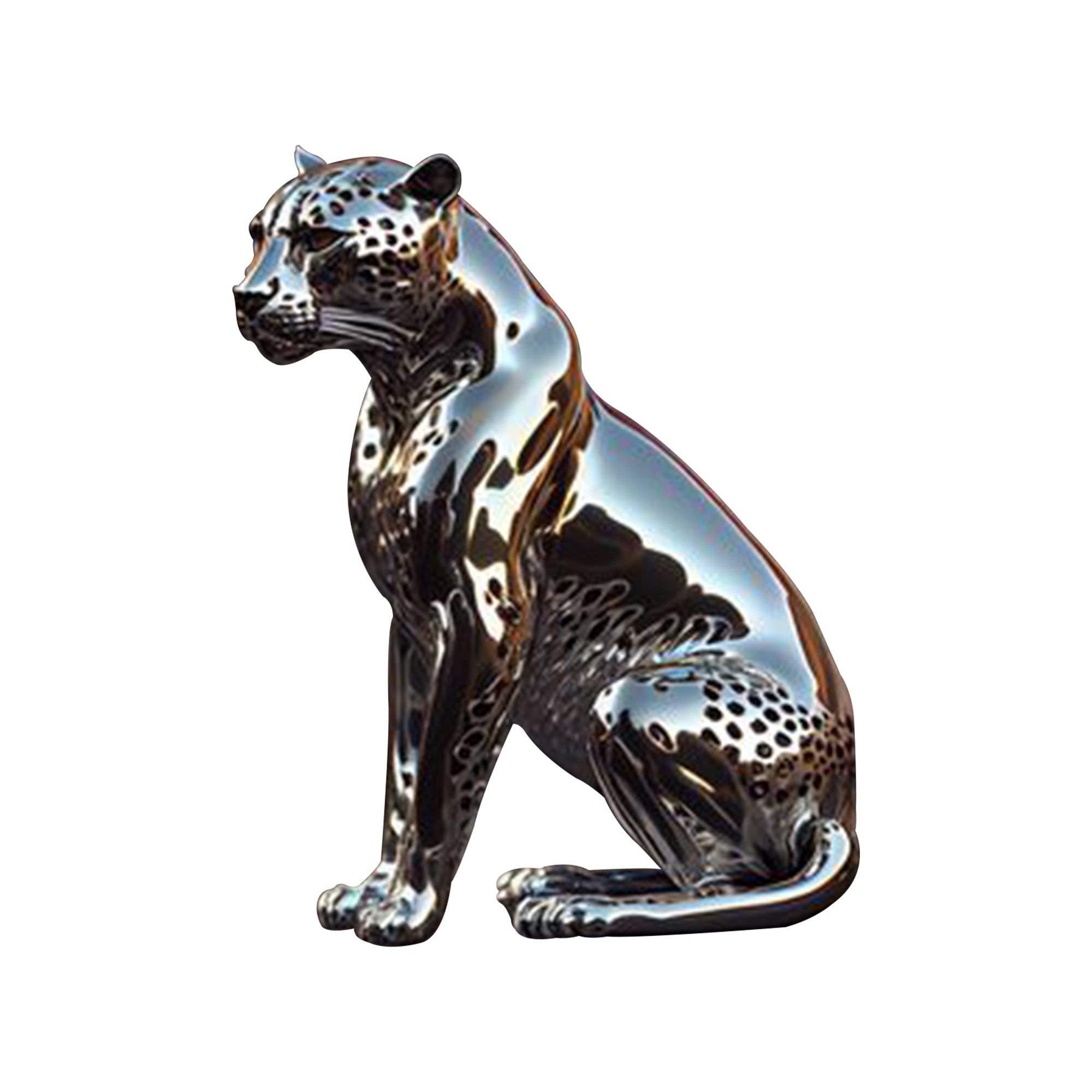 life size chromed stainless steel cheetah sculpture