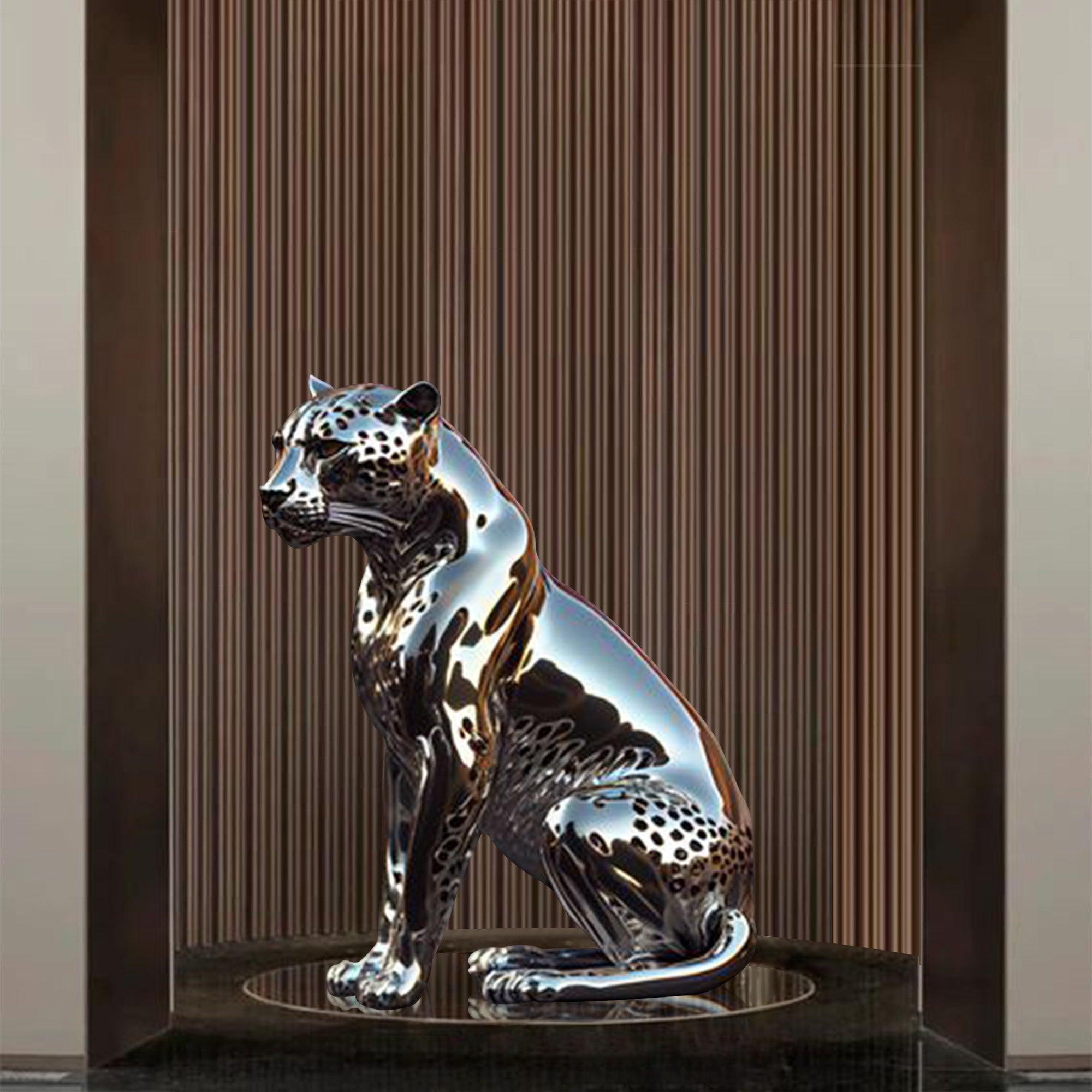 life size chromed stainless steel cheetah sculpture for indoor decoration