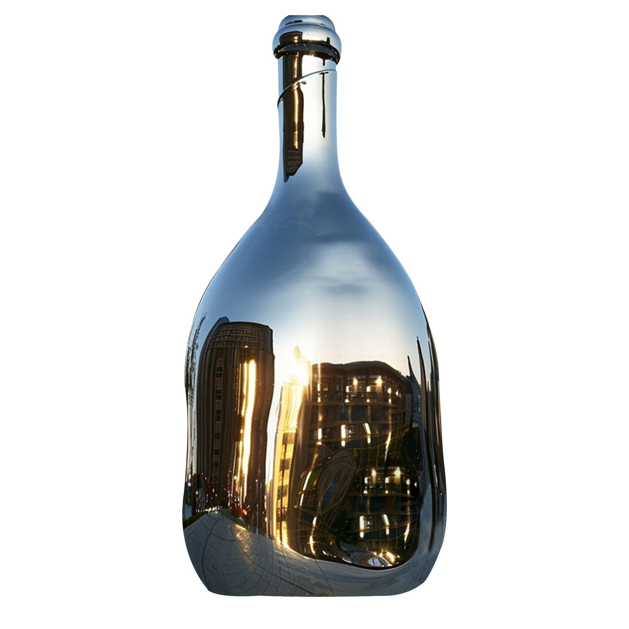 mirrored stainless steel large bottle sculpture