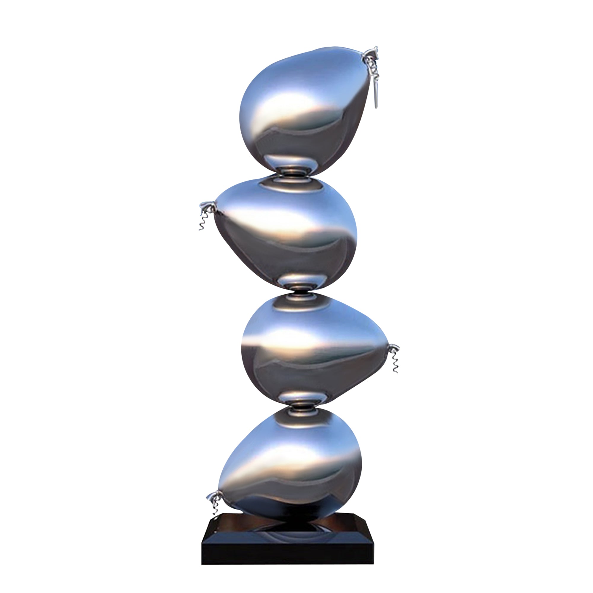 four silver stacked balloon stainless steel sculpture with black base