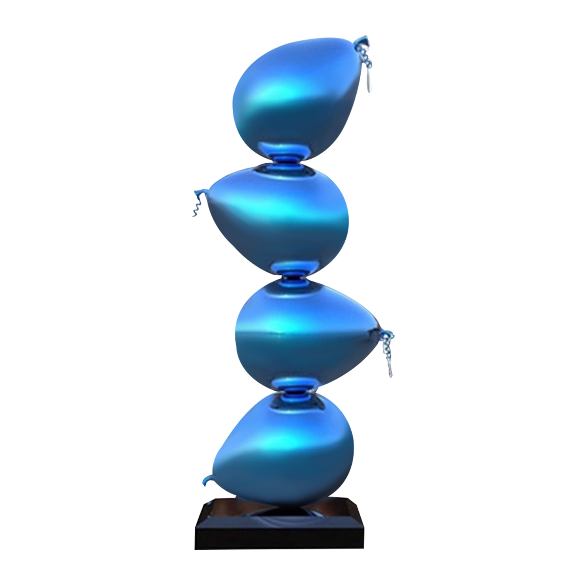 four blue stacked balloon stainless steel sculpture with black base