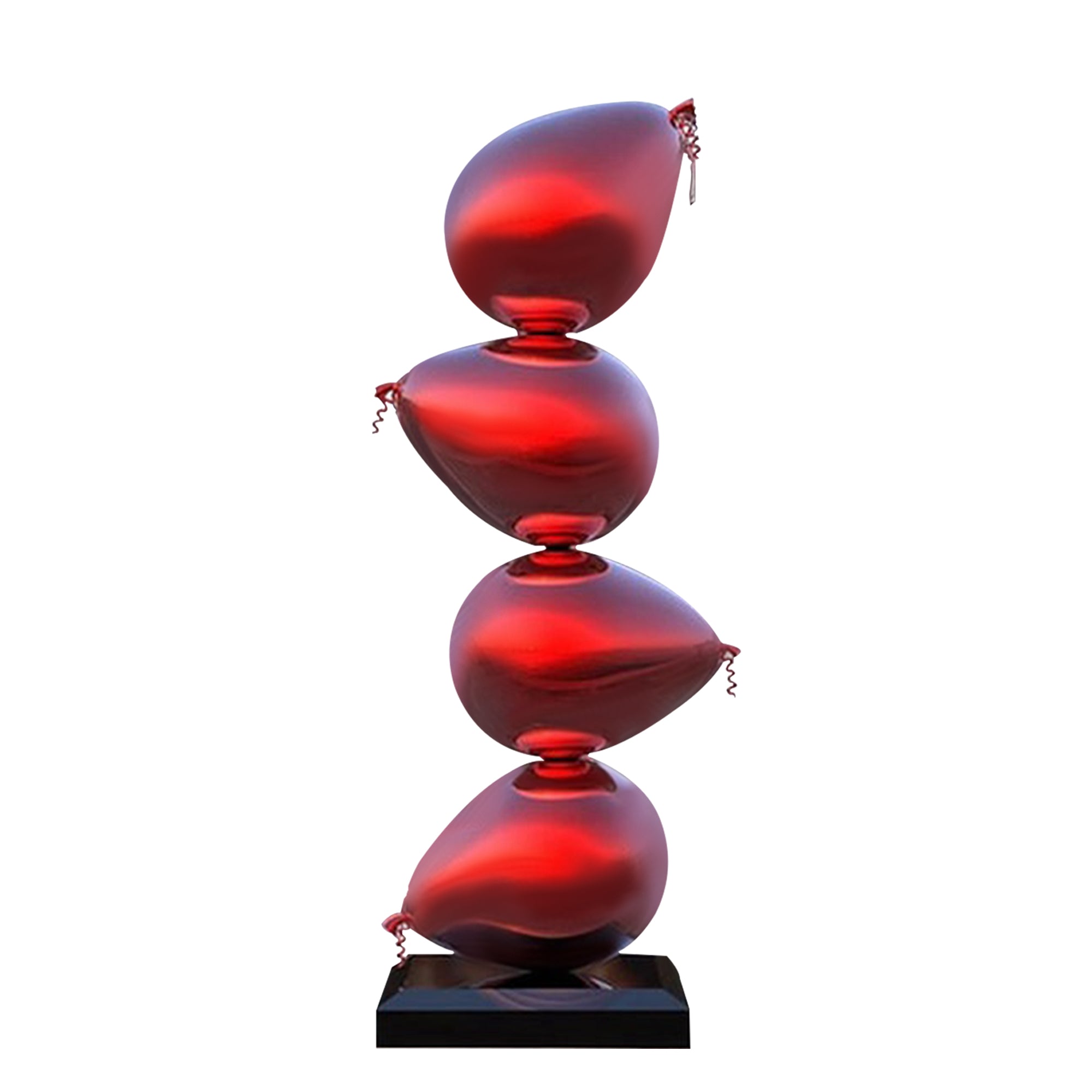 four red stacked balloon stainless steel sculpture with black base