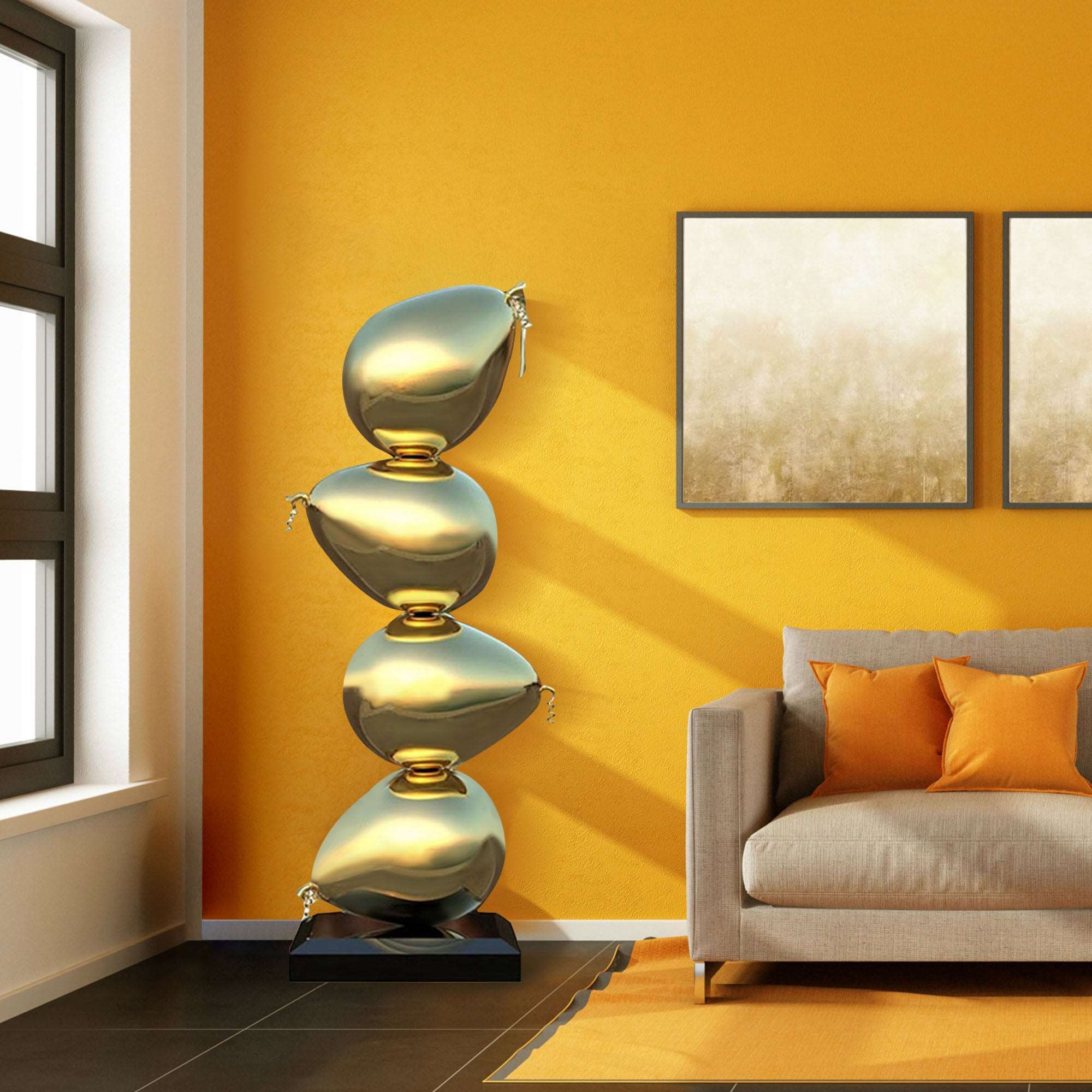 four gold stacked balloon stainless steel sculpture in living room 