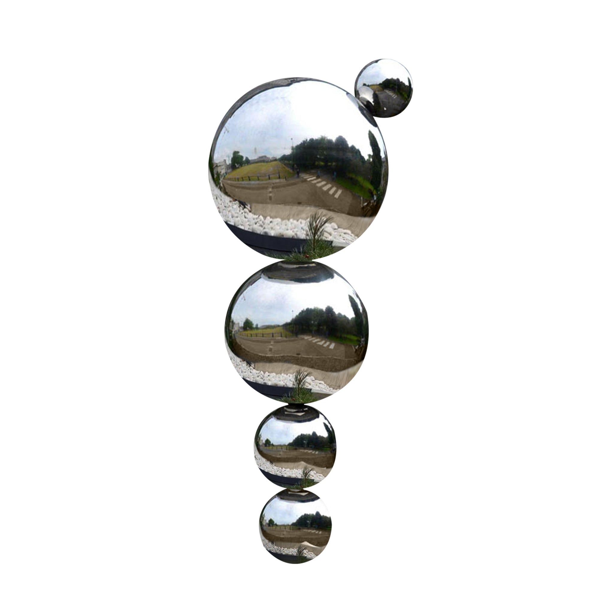 Stacked sphere sculpture made of high-gloss polished stainless steel